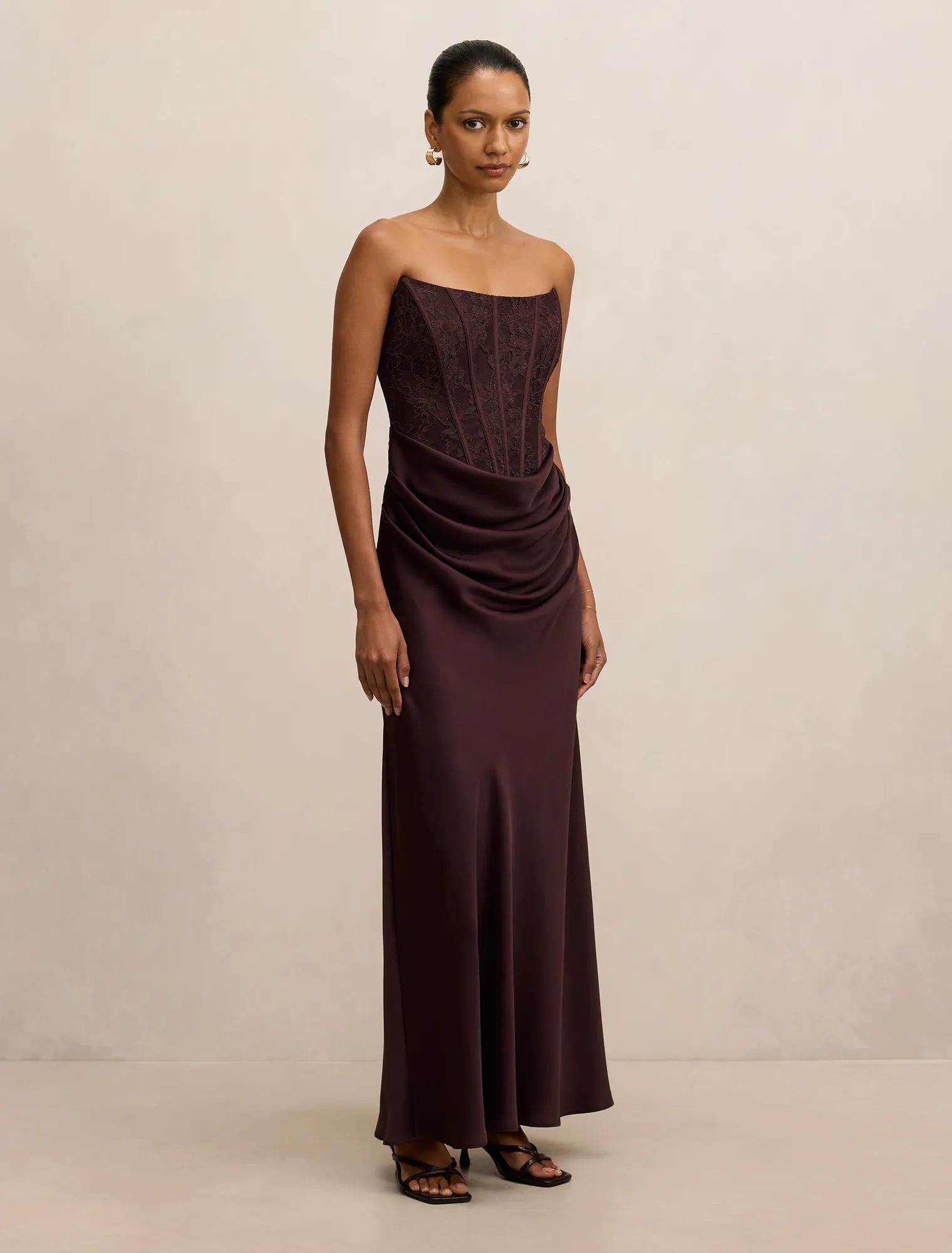 Ivy Petite Lace Corset Maxi Dress Dark Chocolate