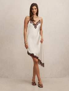 Posie Asymmetrical Lace Slip Dress Cream / Chocolate