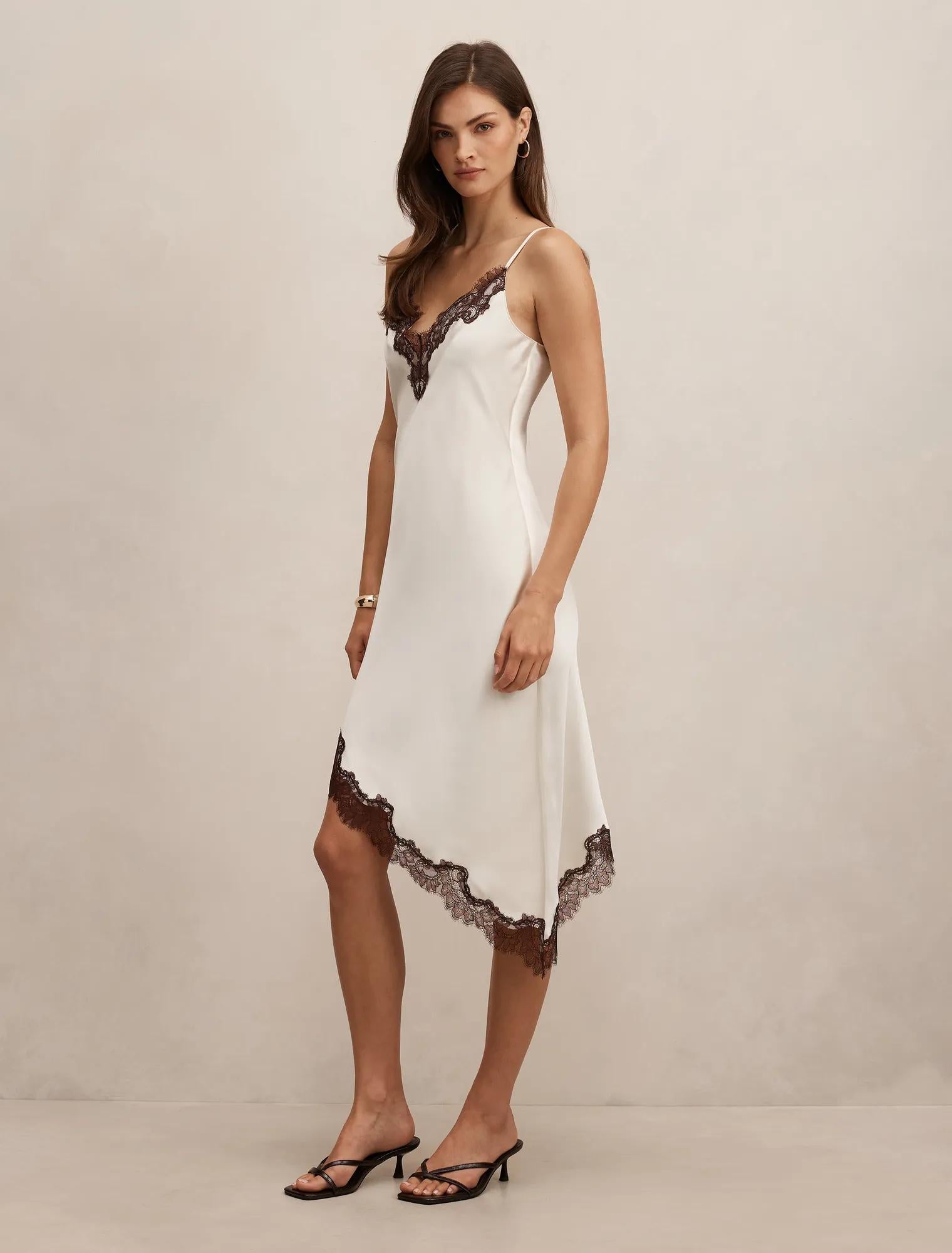 Posie Asymmetrical Lace Slip Dress Cream / Chocolate