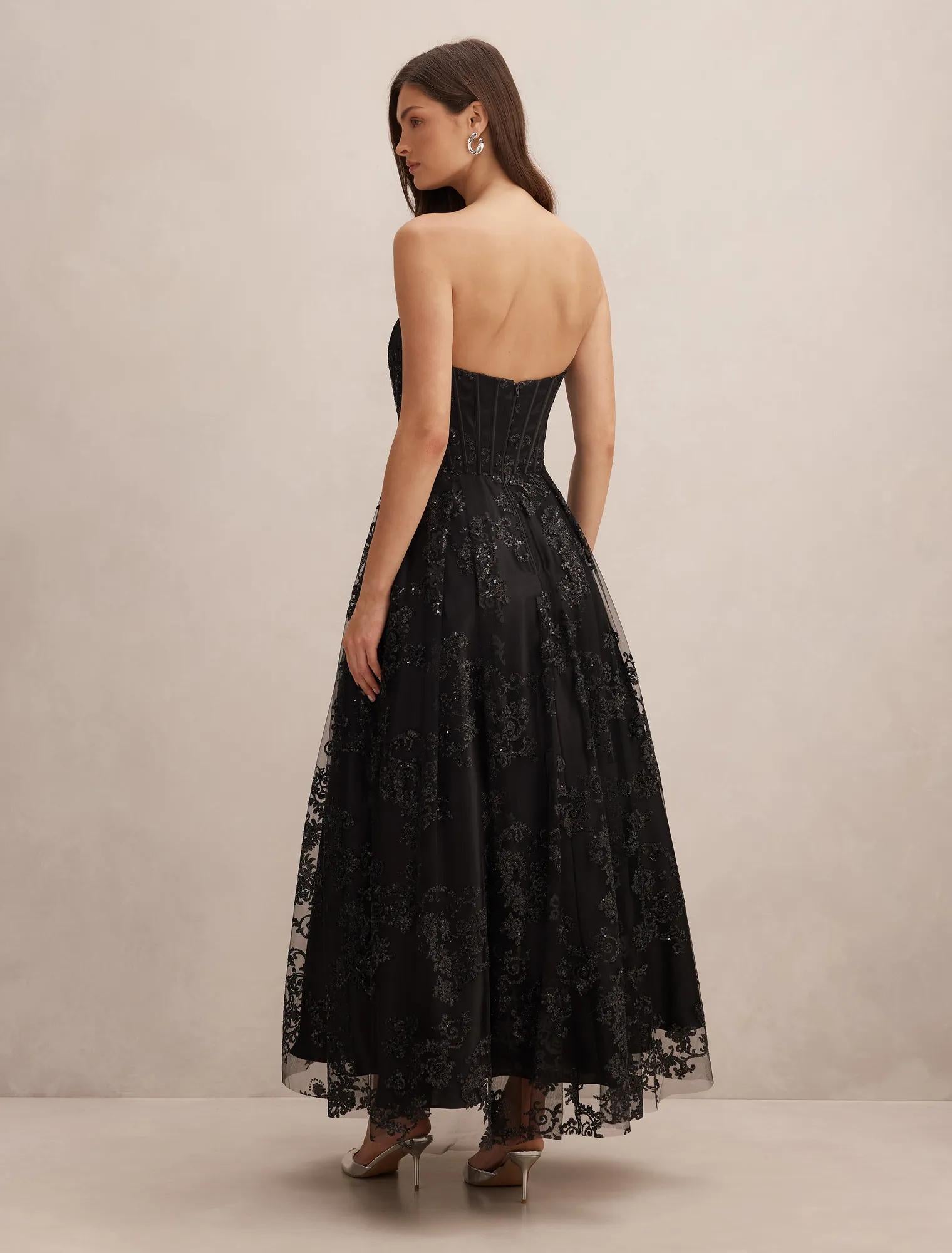 Aubree Strapless Lace Gown Black