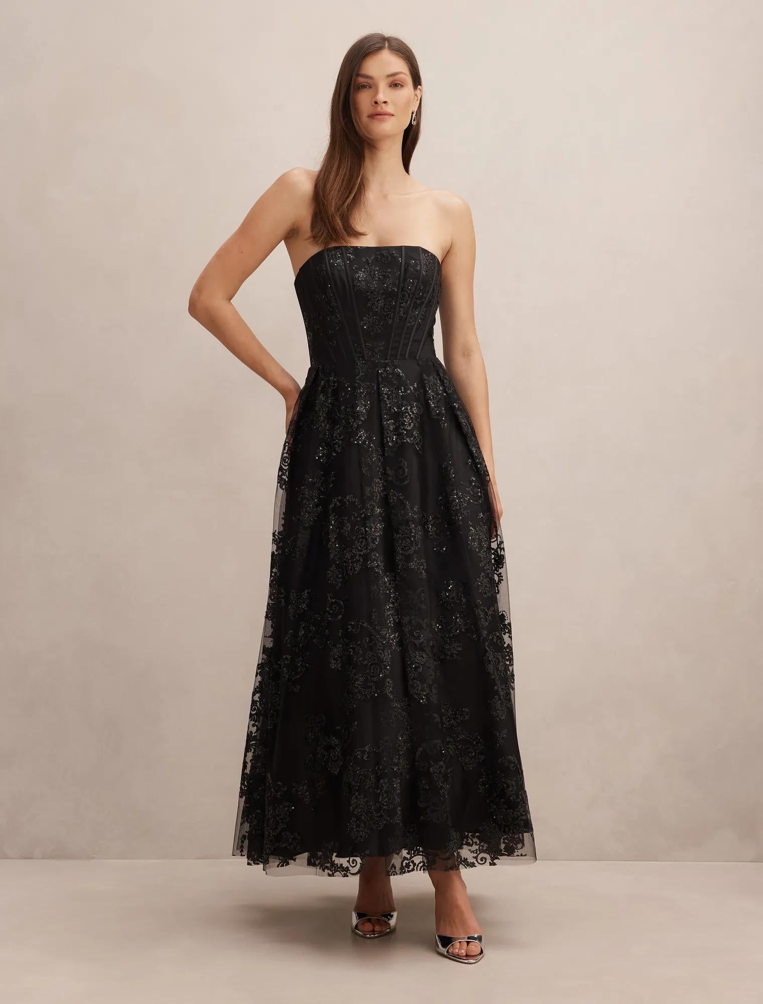 Aubree Strapless Lace Gown Black
