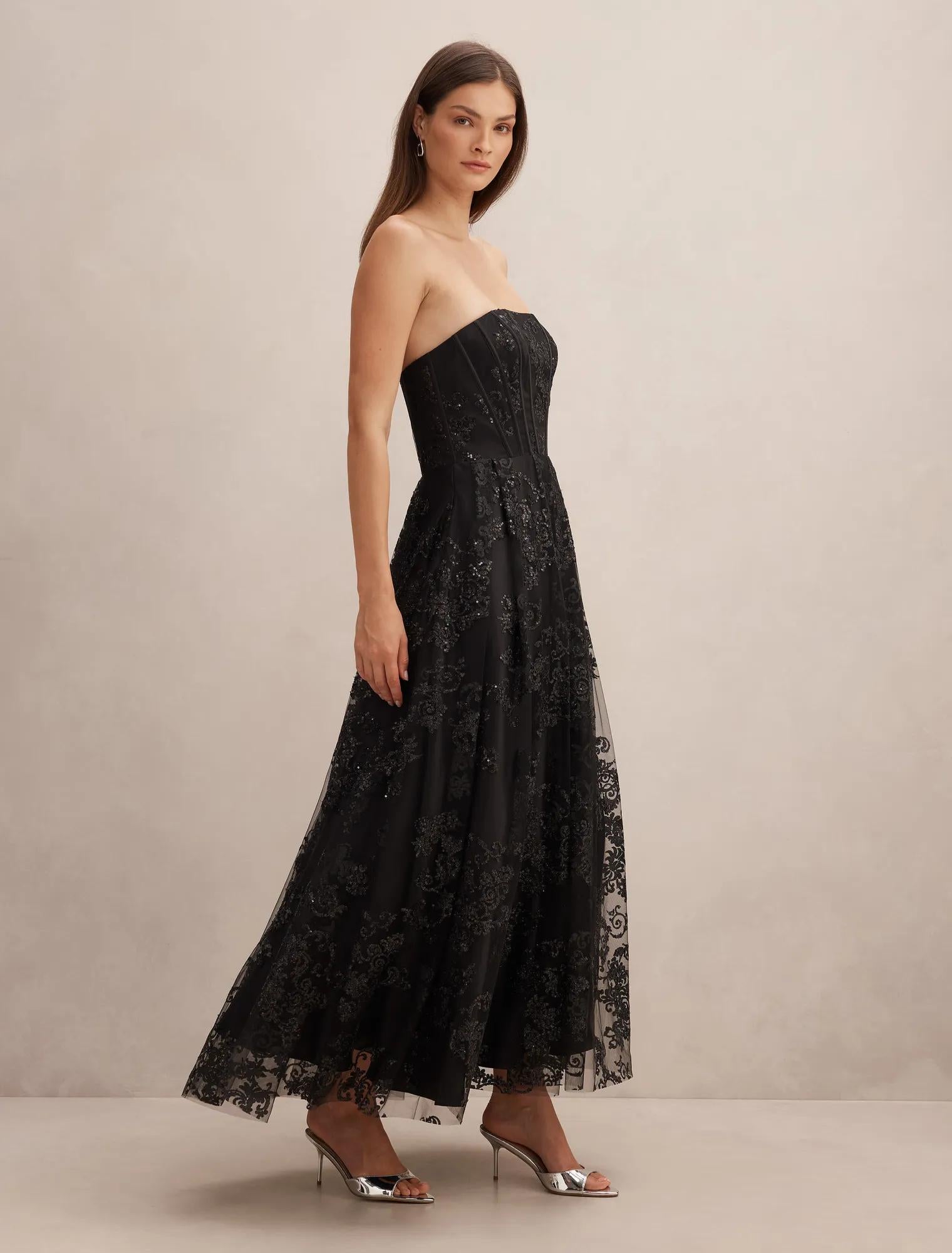 Aubree Strapless Lace Gown Black