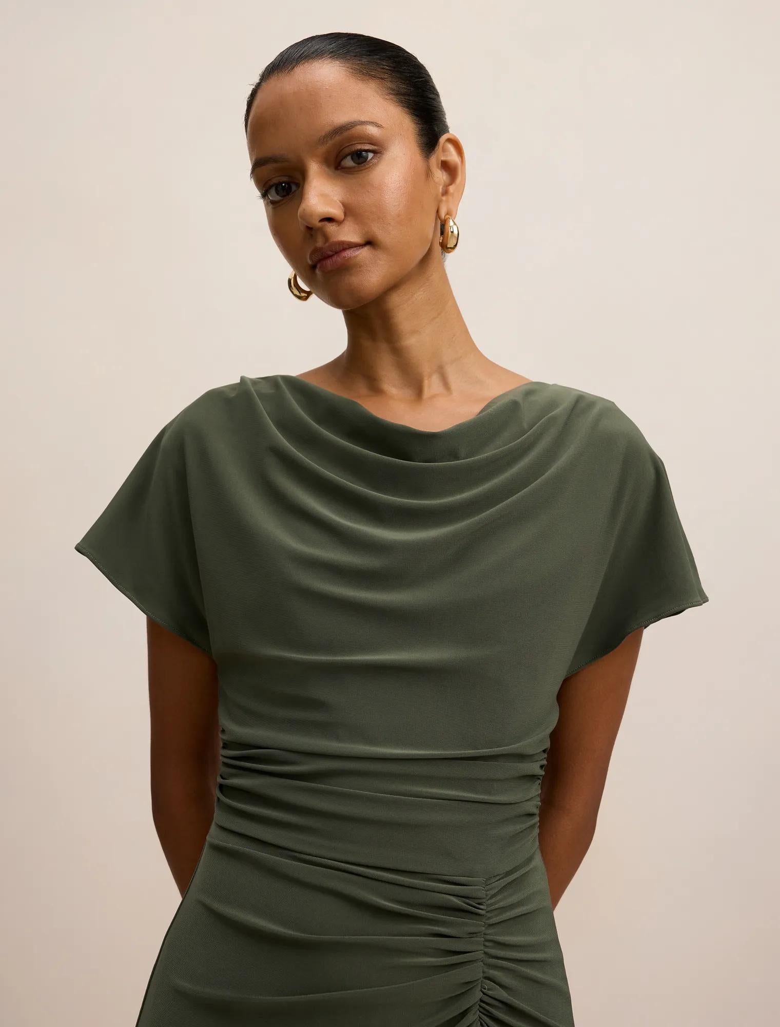 Tahnee Petite Ruched Waist Midi Thyme Green
