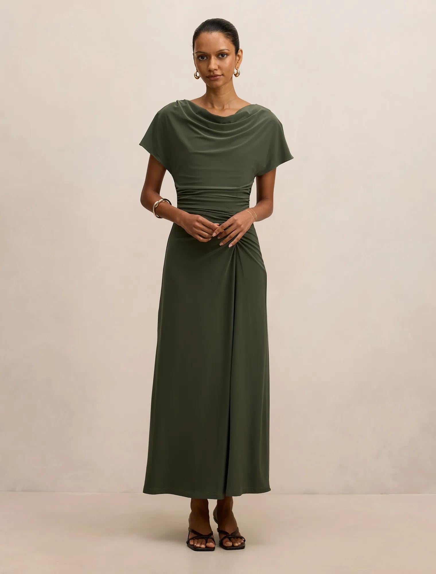 Tahnee Petite Ruched Waist Midi Thyme Green