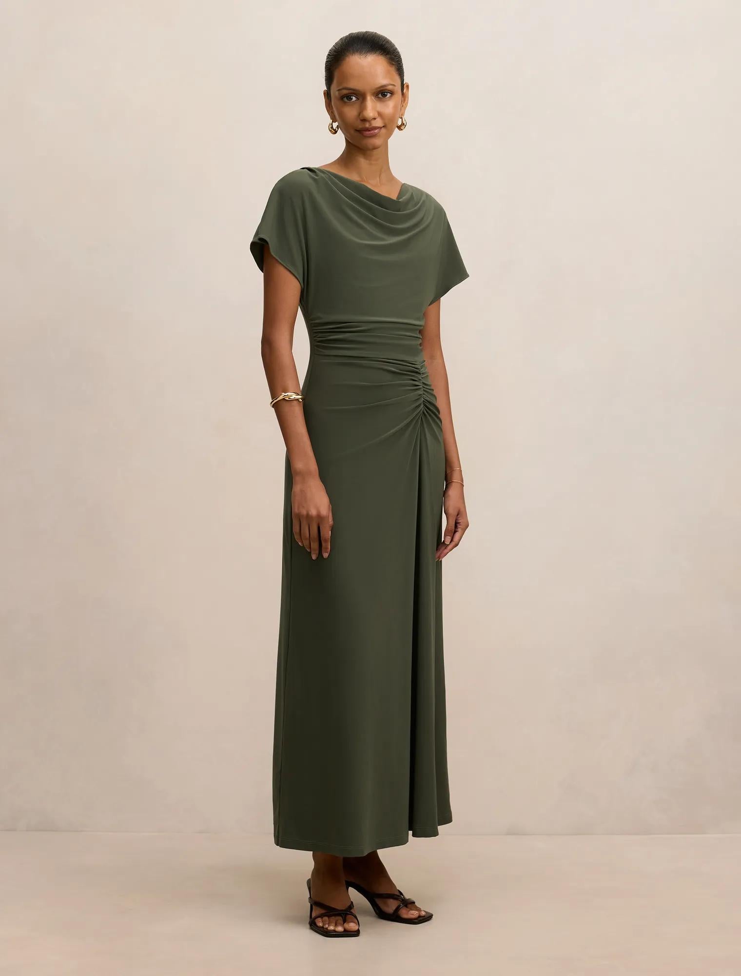 Tahnee Petite Ruched Waist Midi Thyme Green