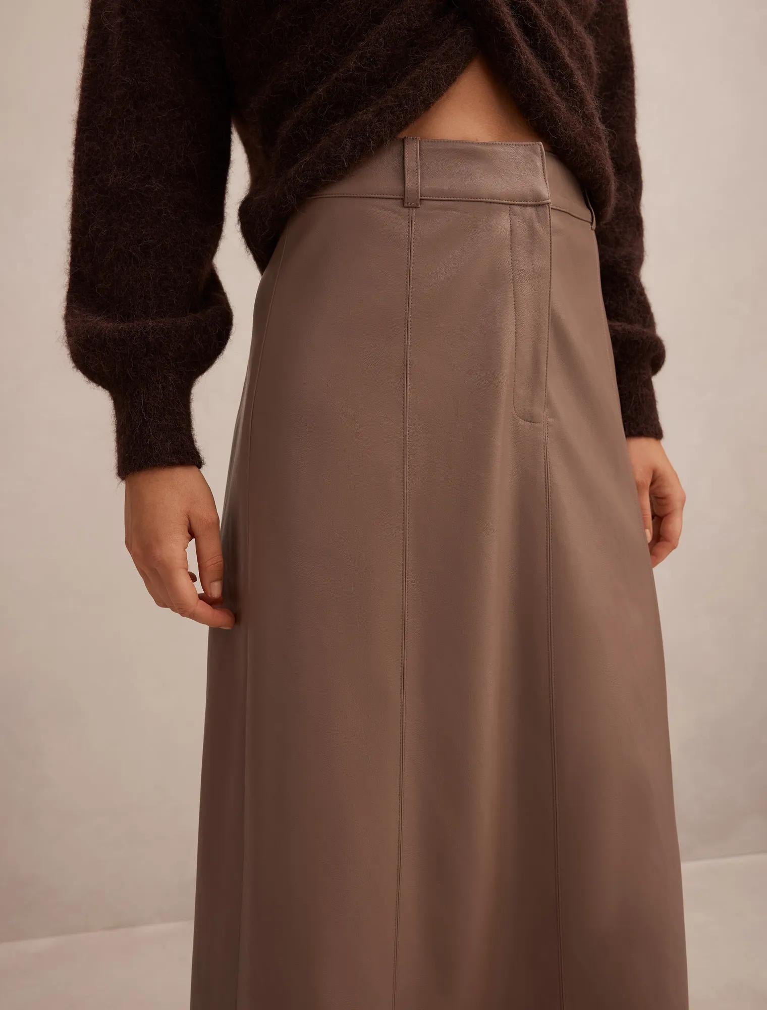 Isla Vegan Leather Midi Skirt Deep Taupe