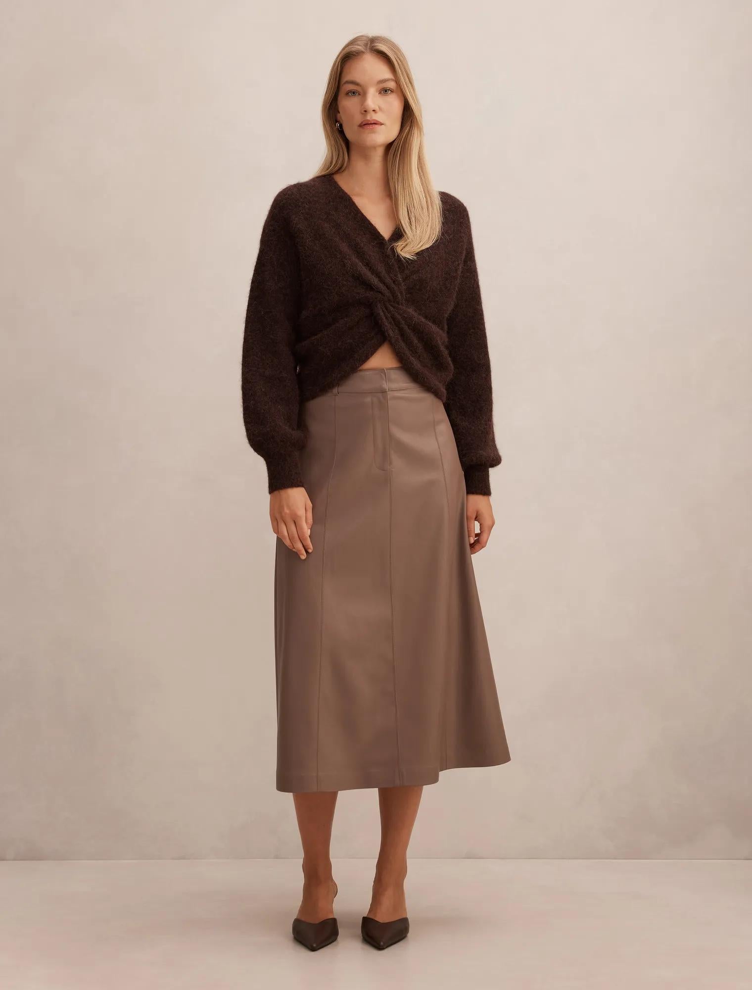 Isla Vegan Leather Midi Skirt Deep Taupe