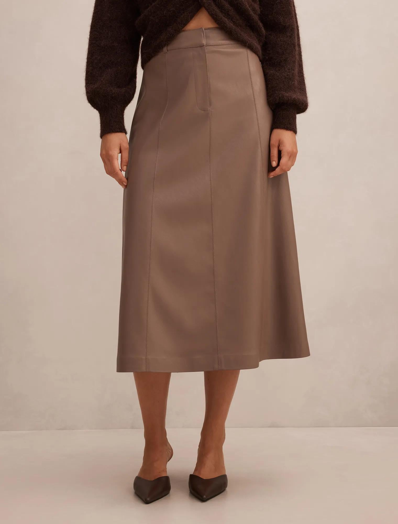 Isla Vegan Leather Midi Skirt Deep Taupe