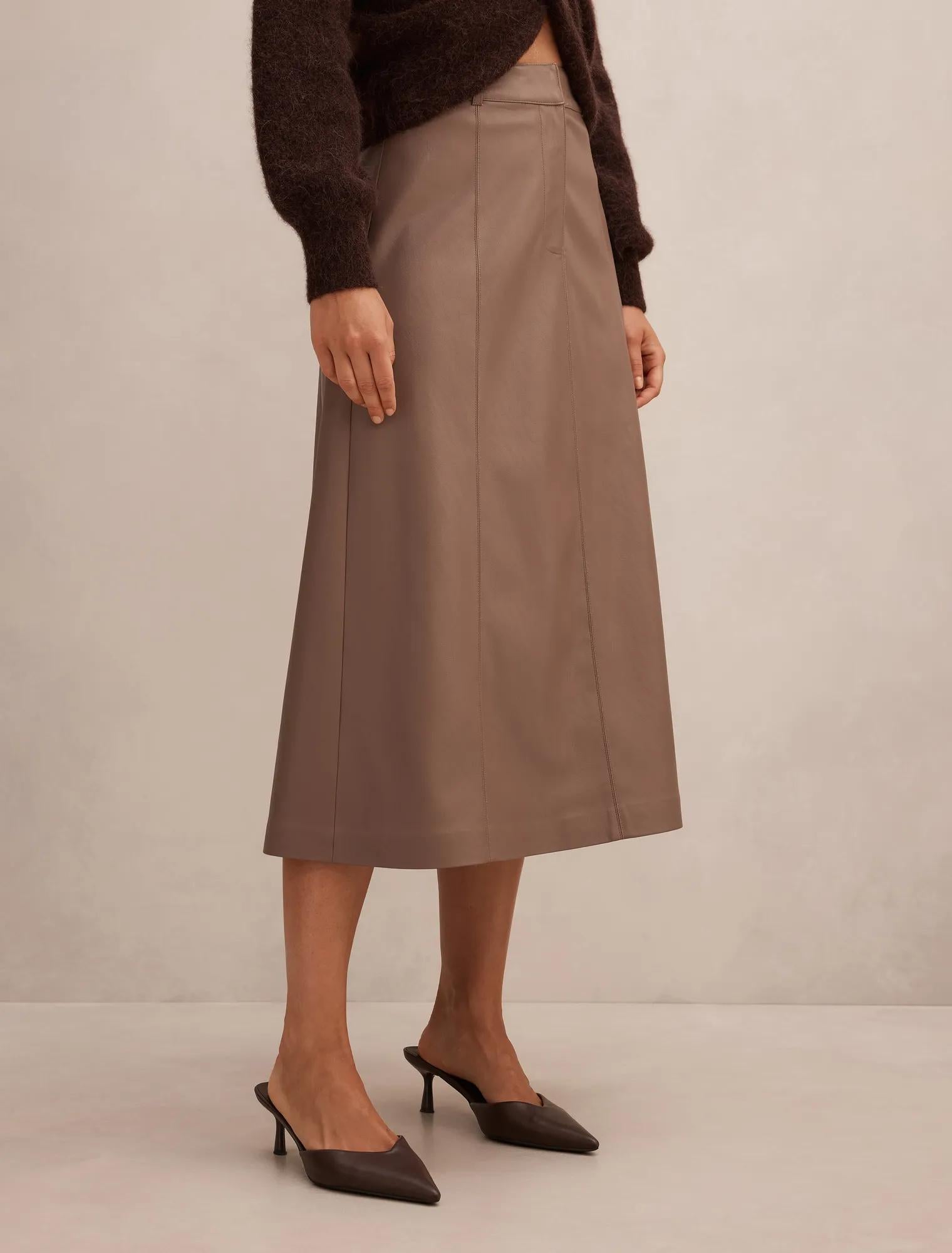 Isla Vegan Leather Midi Skirt Deep Taupe