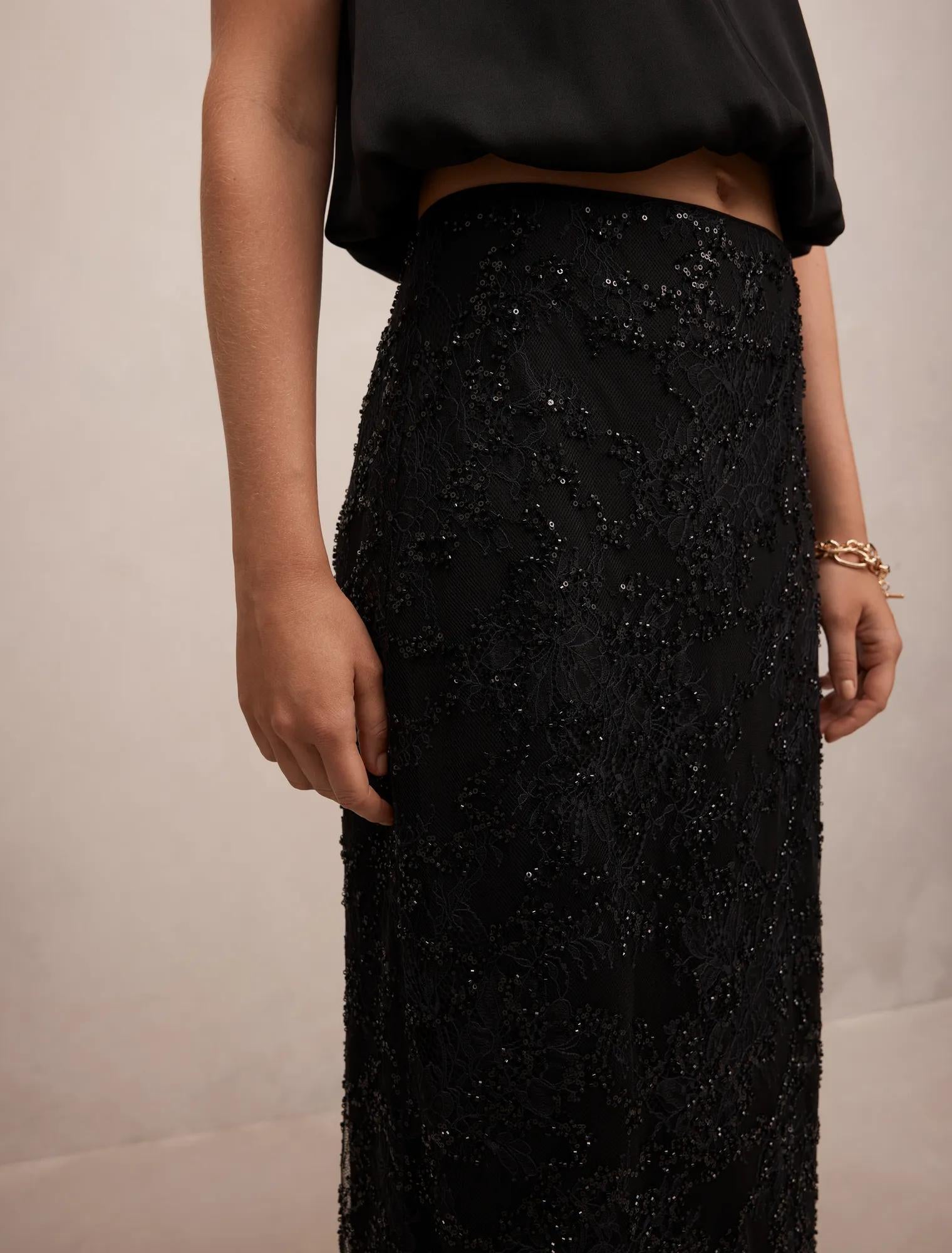Brianna Lace Beaded Skirt Black