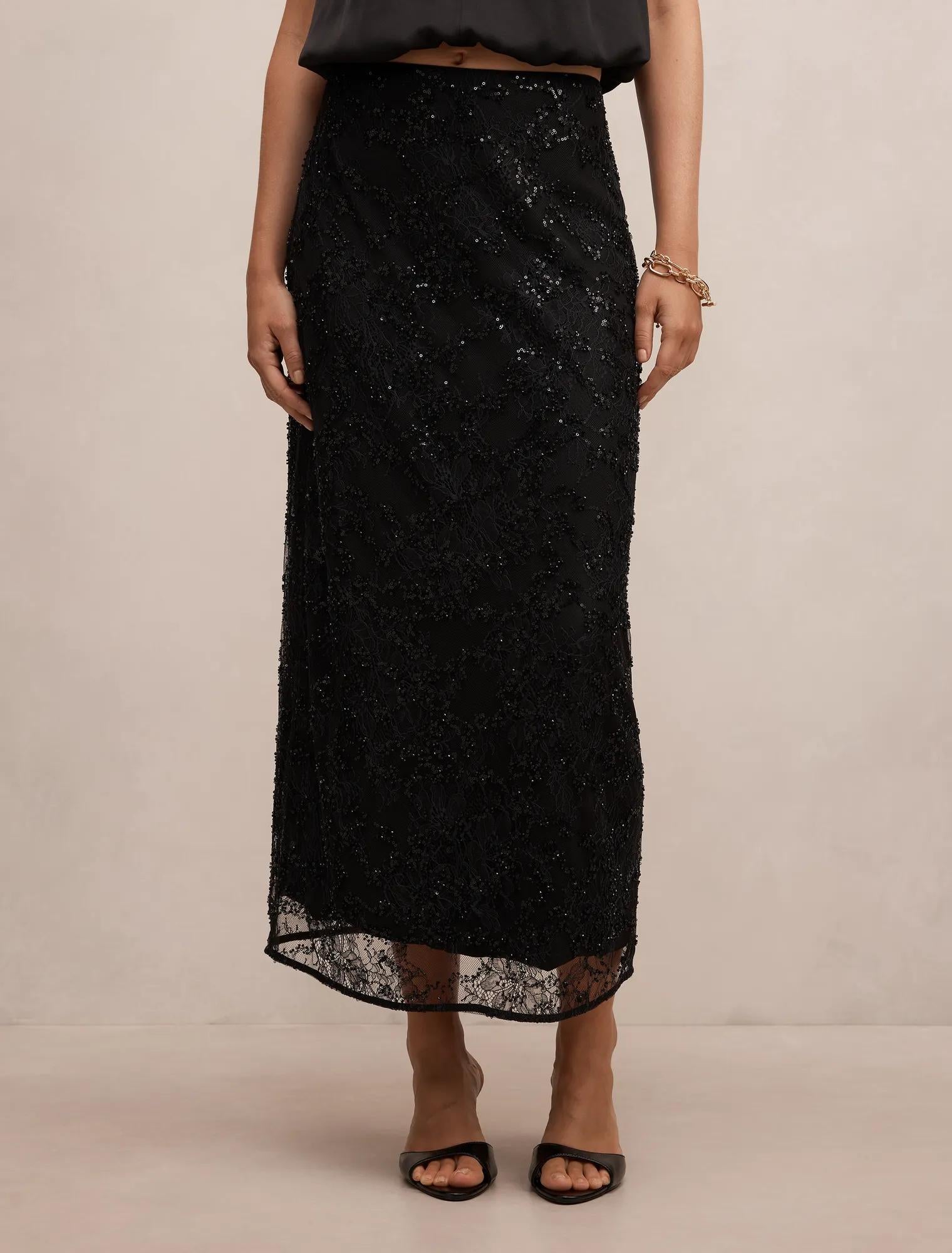 Brianna Lace Beaded Skirt Black