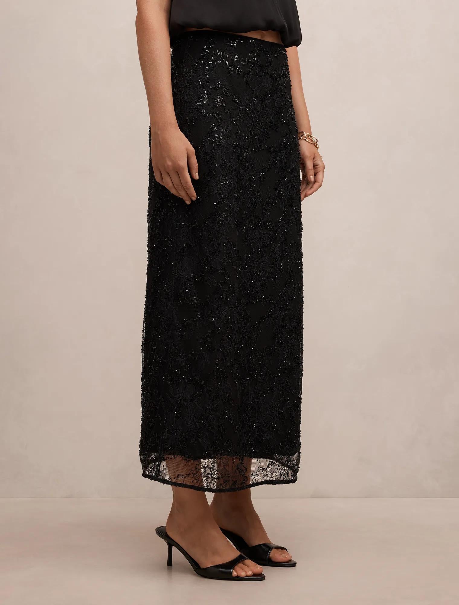 Brianna Lace Beaded Skirt Black