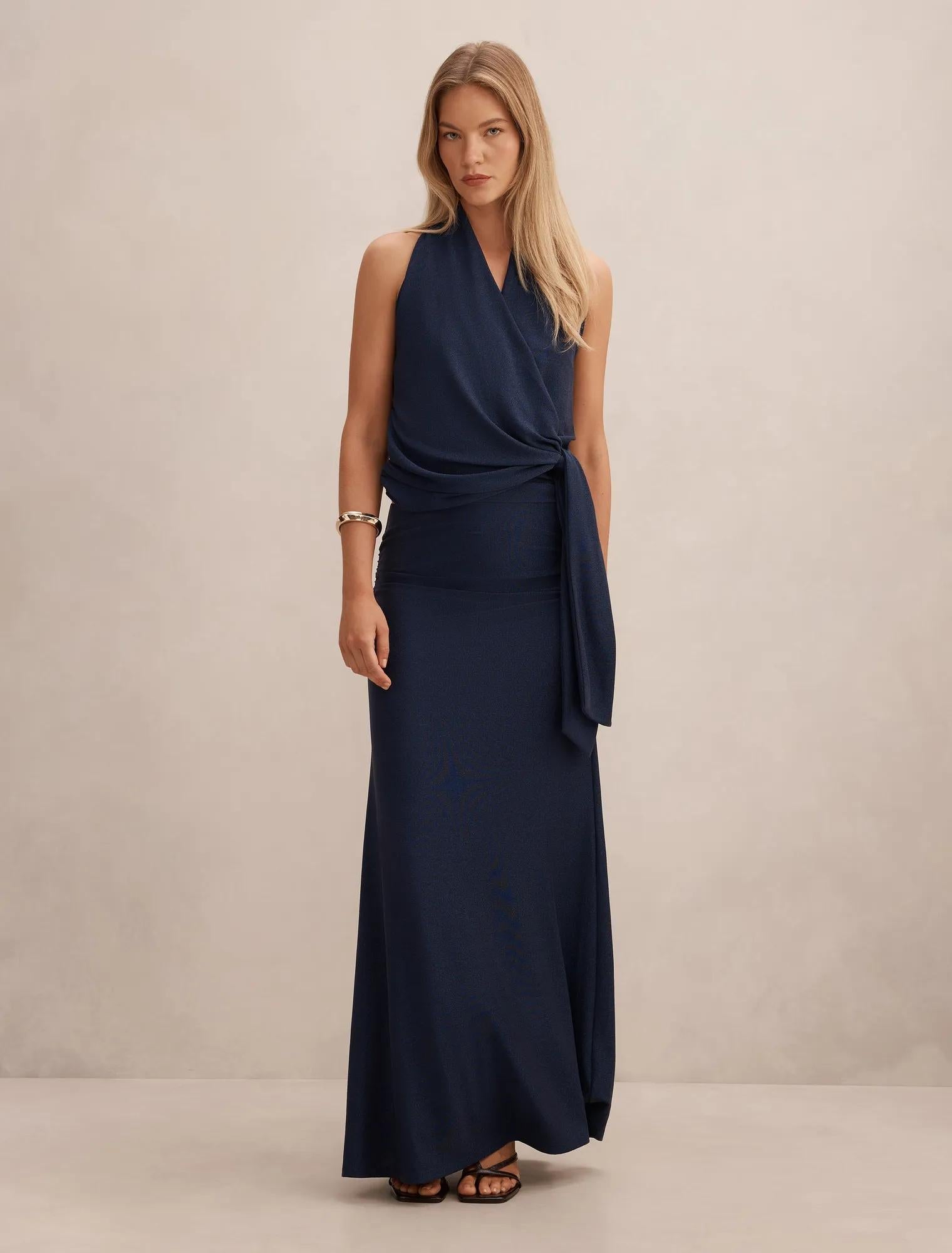 Matilda Metallic Flute Maxi Skirt Deep Blue Co-Ord