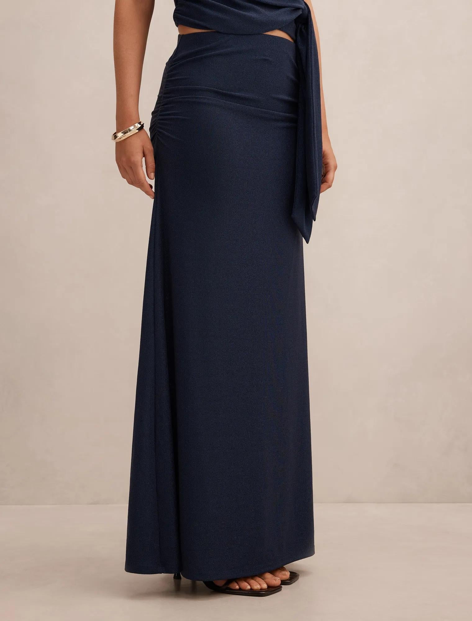 Matilda Metallic Flute Maxi Skirt Deep Blue Co-Ord