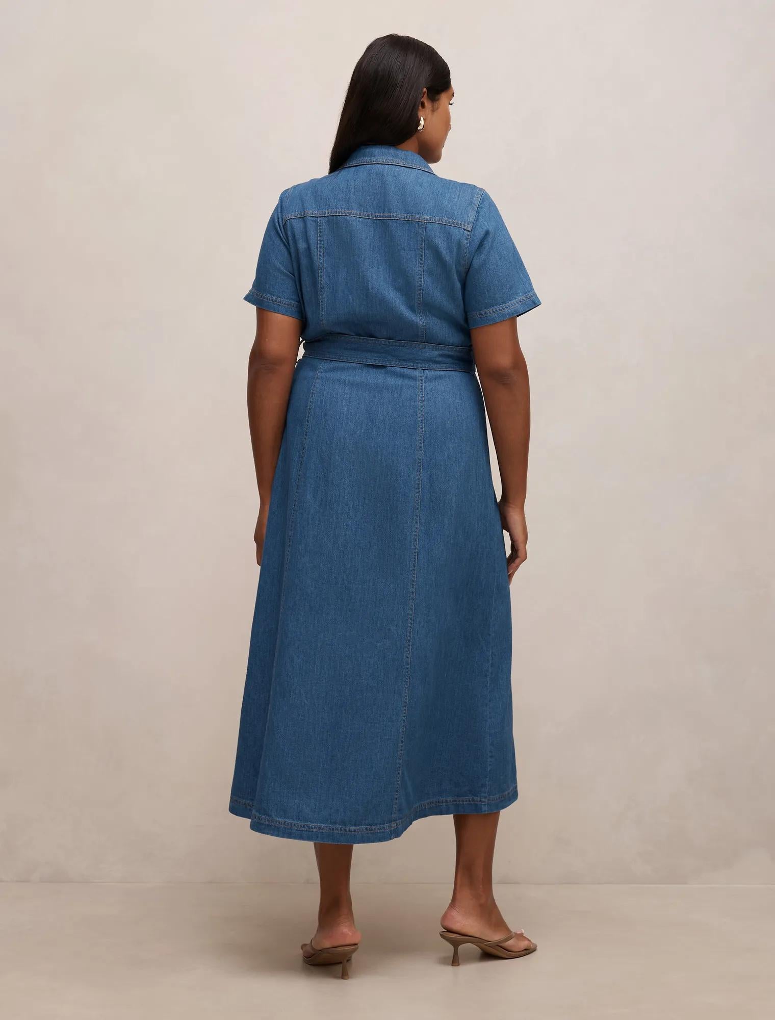 Josephine Curve Short Sleeve Denim Dress Mid Wash