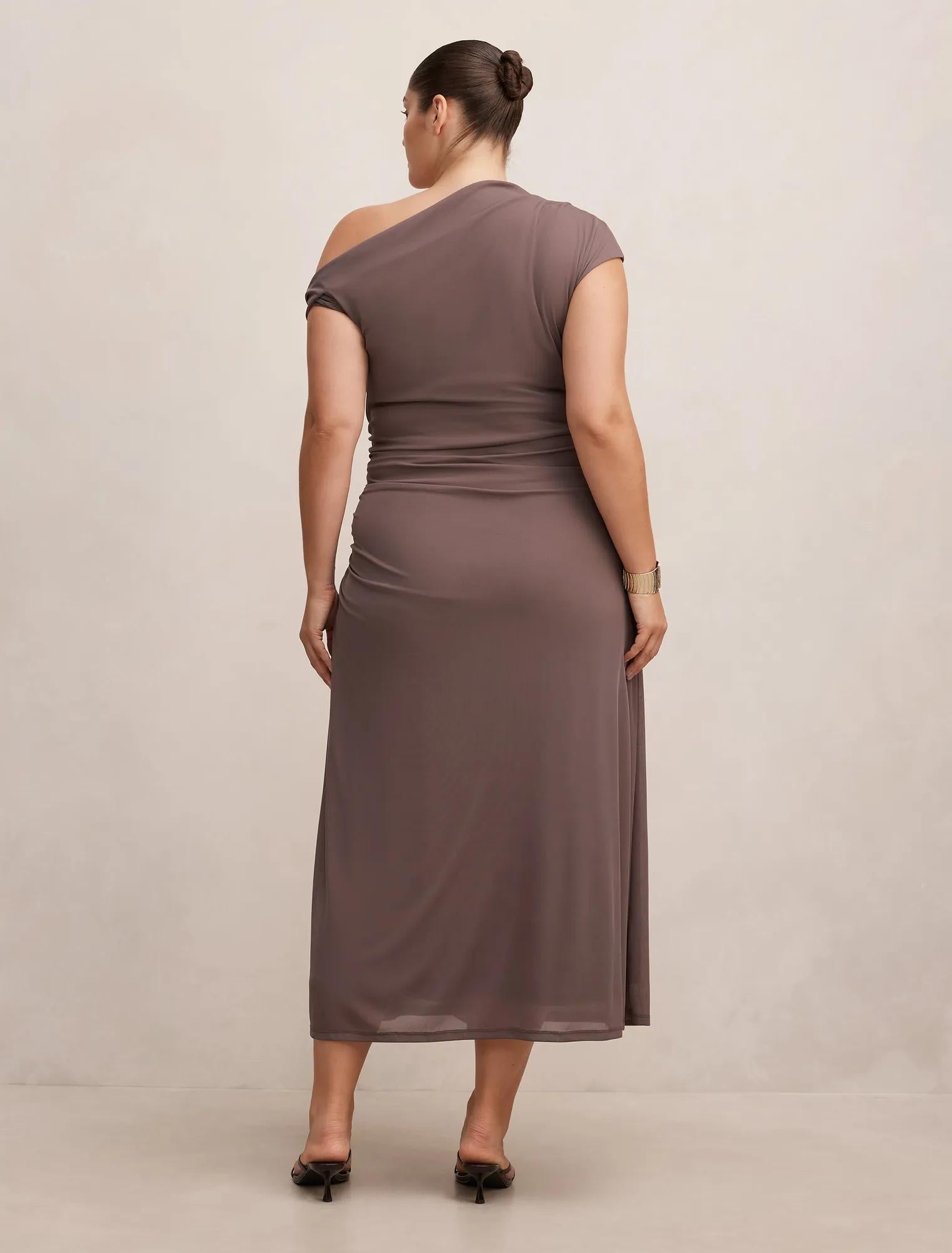 Piper Curve Draped Tie Mesh Midi Dress Plum Truffle