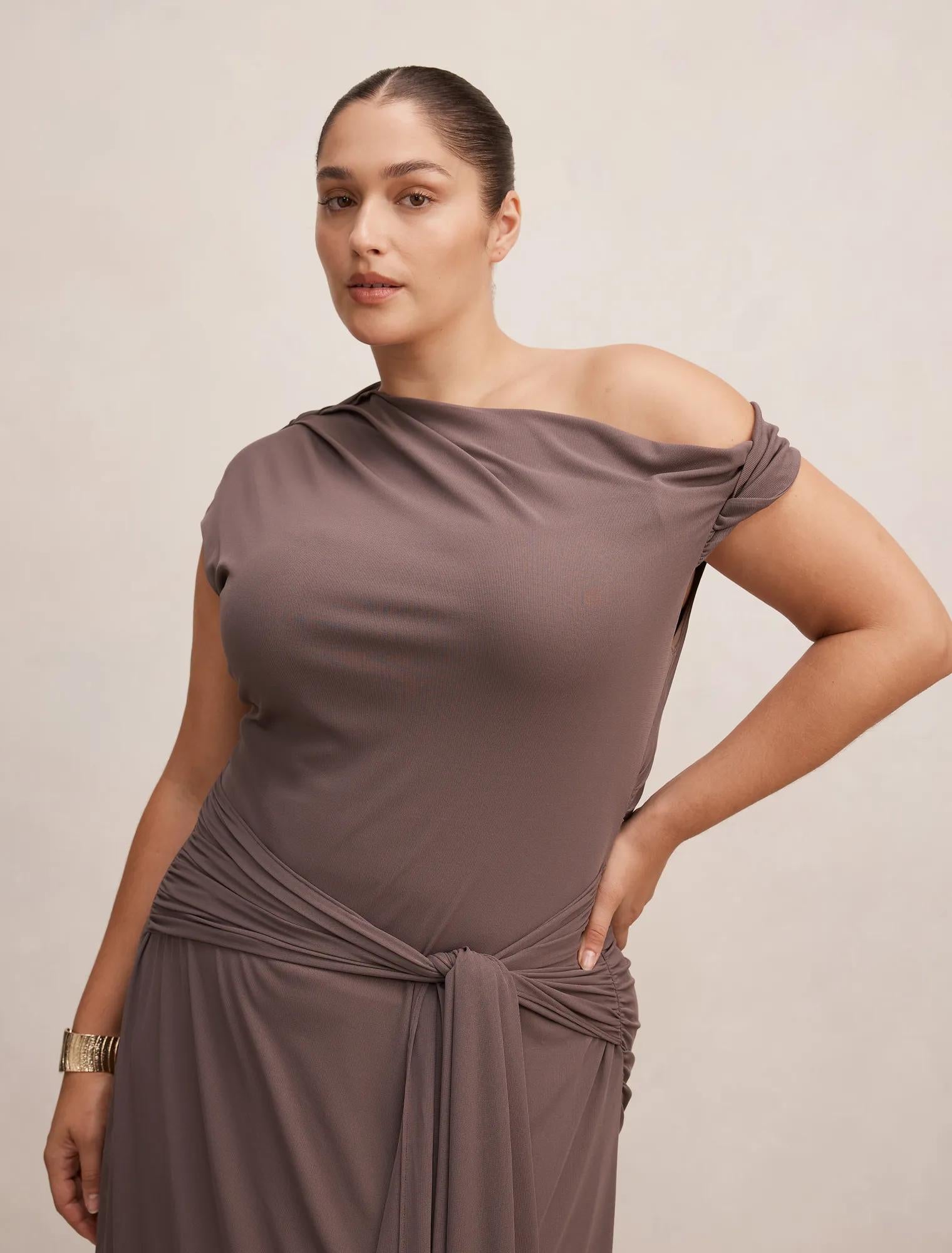 Piper Curve Draped Tie Mesh Midi Dress Plum Truffle