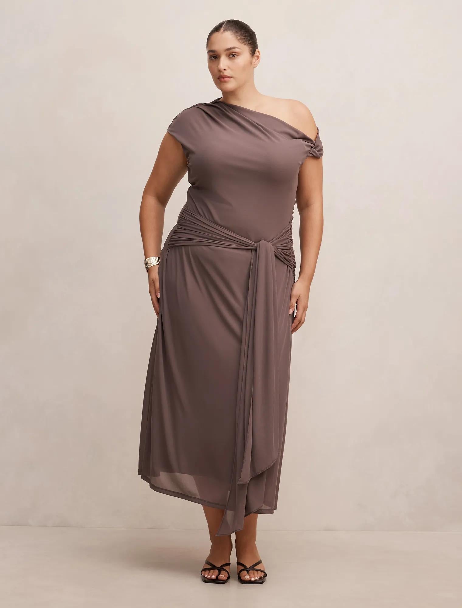 Piper Curve Draped Tie Mesh Midi Dress Plum Truffle