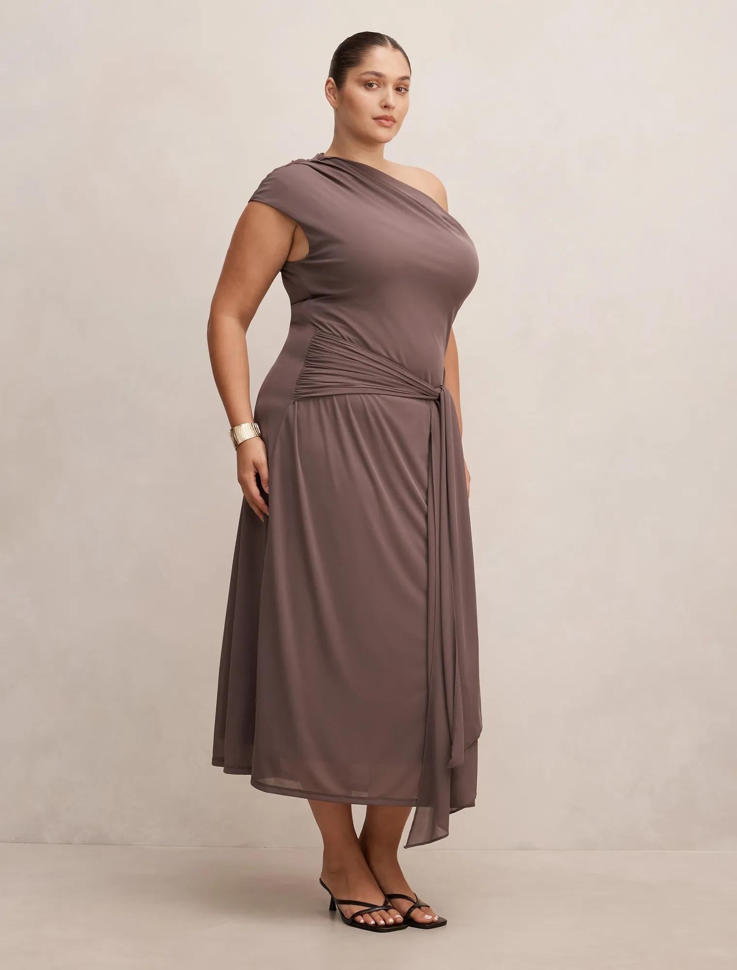 Piper Curve Draped Tie Mesh Midi Dress Plum Truffle