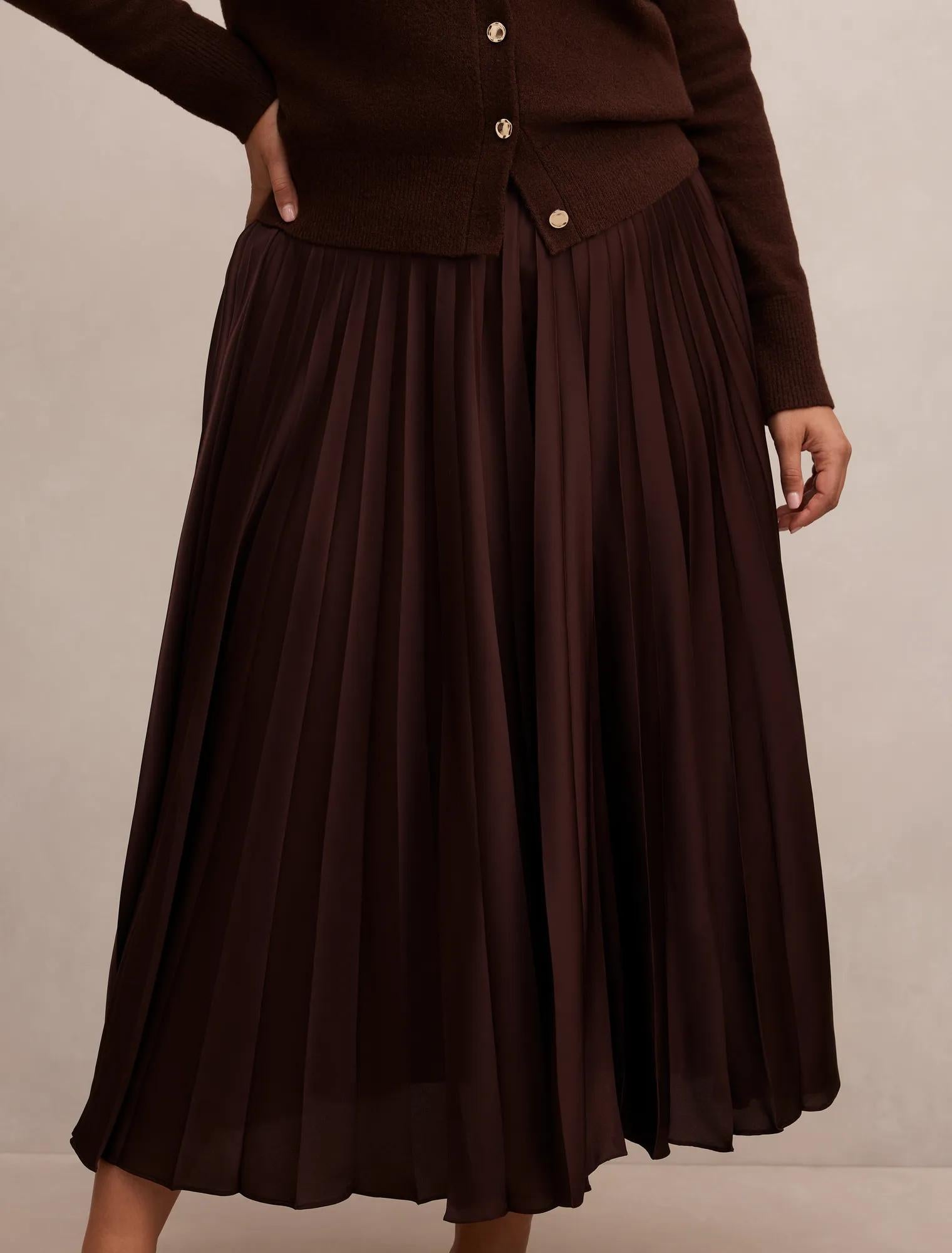 Delphine Curve Pleated Midaxi Skirt Chocolate