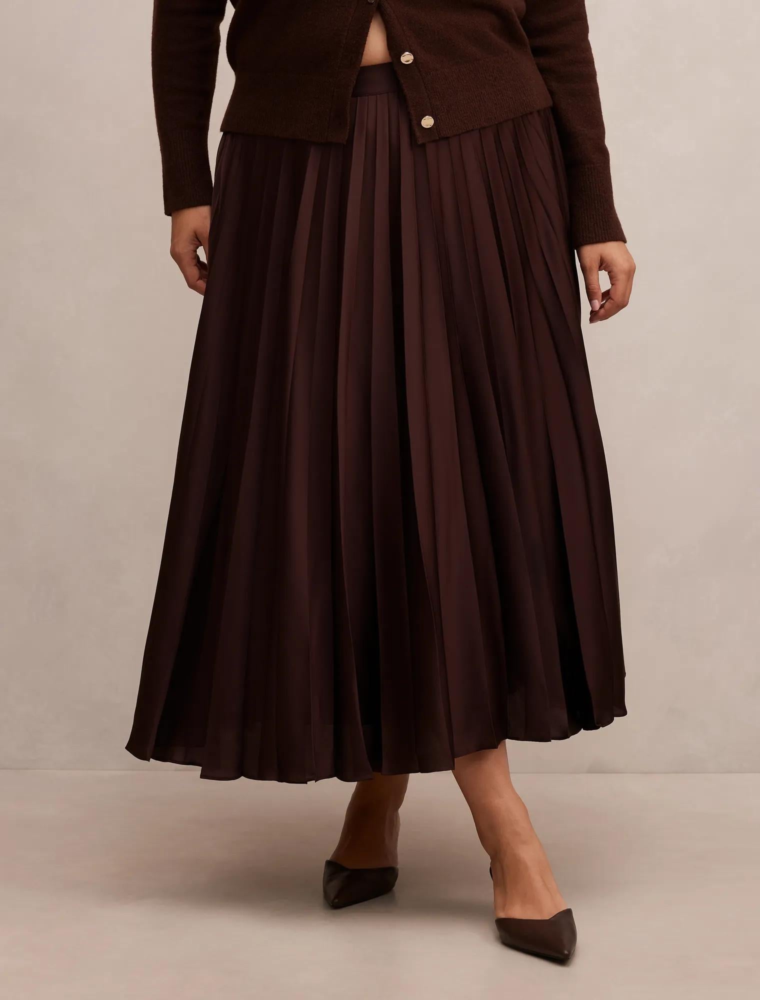 Delphine Curve Pleated Midaxi Skirt Chocolate