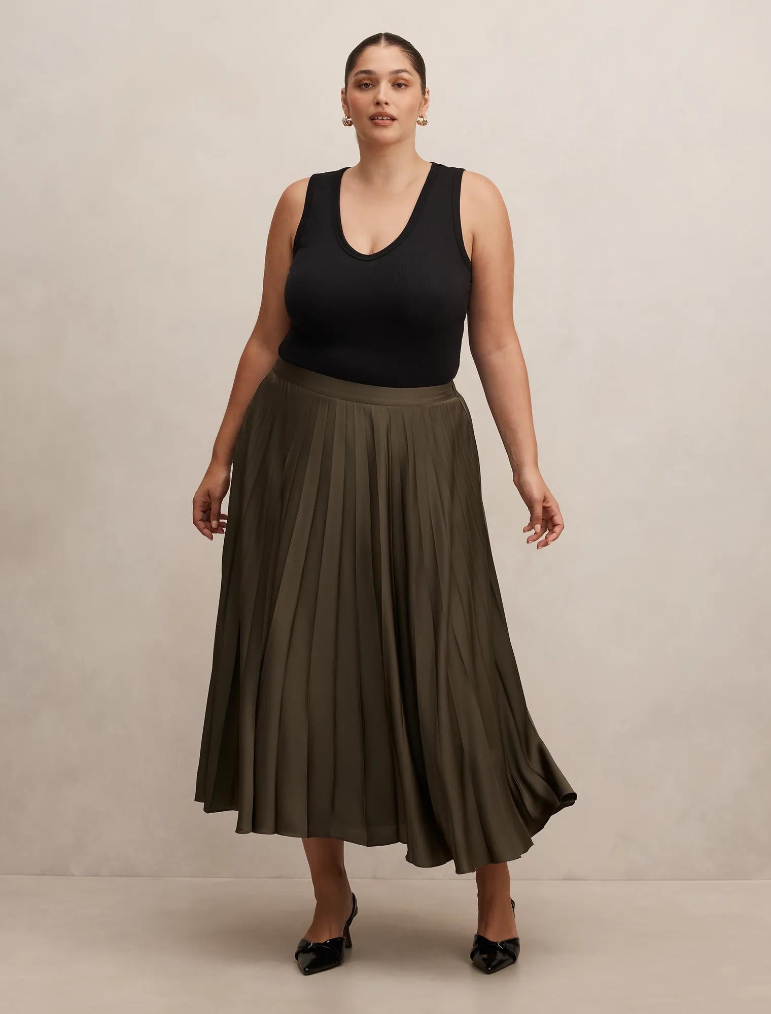 Delphine Curve Pleated Midaxi Skirt Olive Green