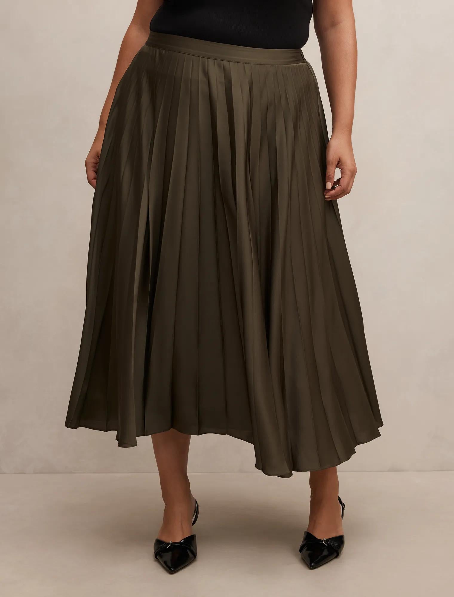 Delphine Curve Pleated Midaxi Skirt Olive Green