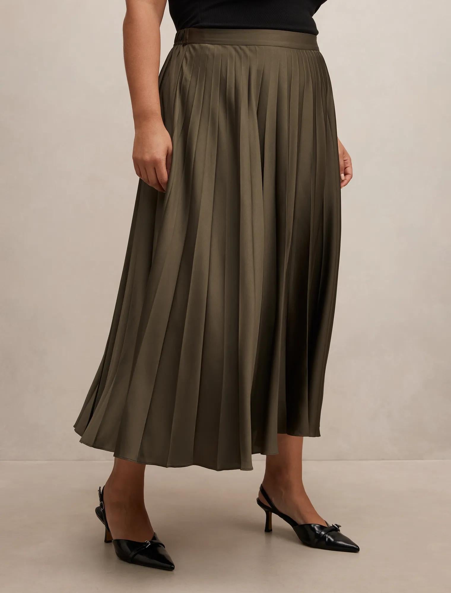 Delphine Curve Pleated Midaxi Skirt Olive Green