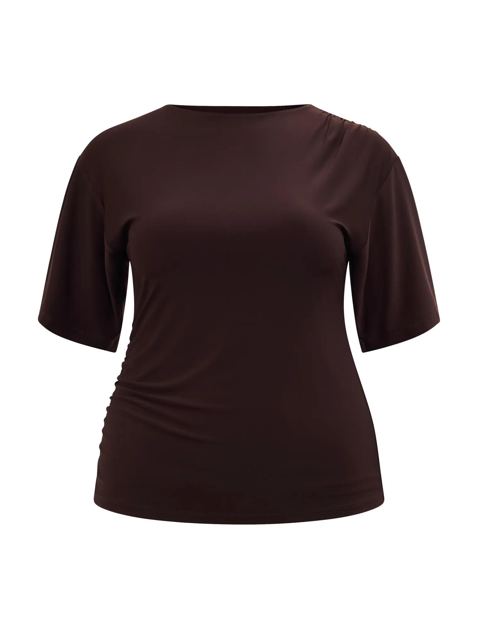 Blake Curve Asym Drape Top Cocoa Bean_mannequin