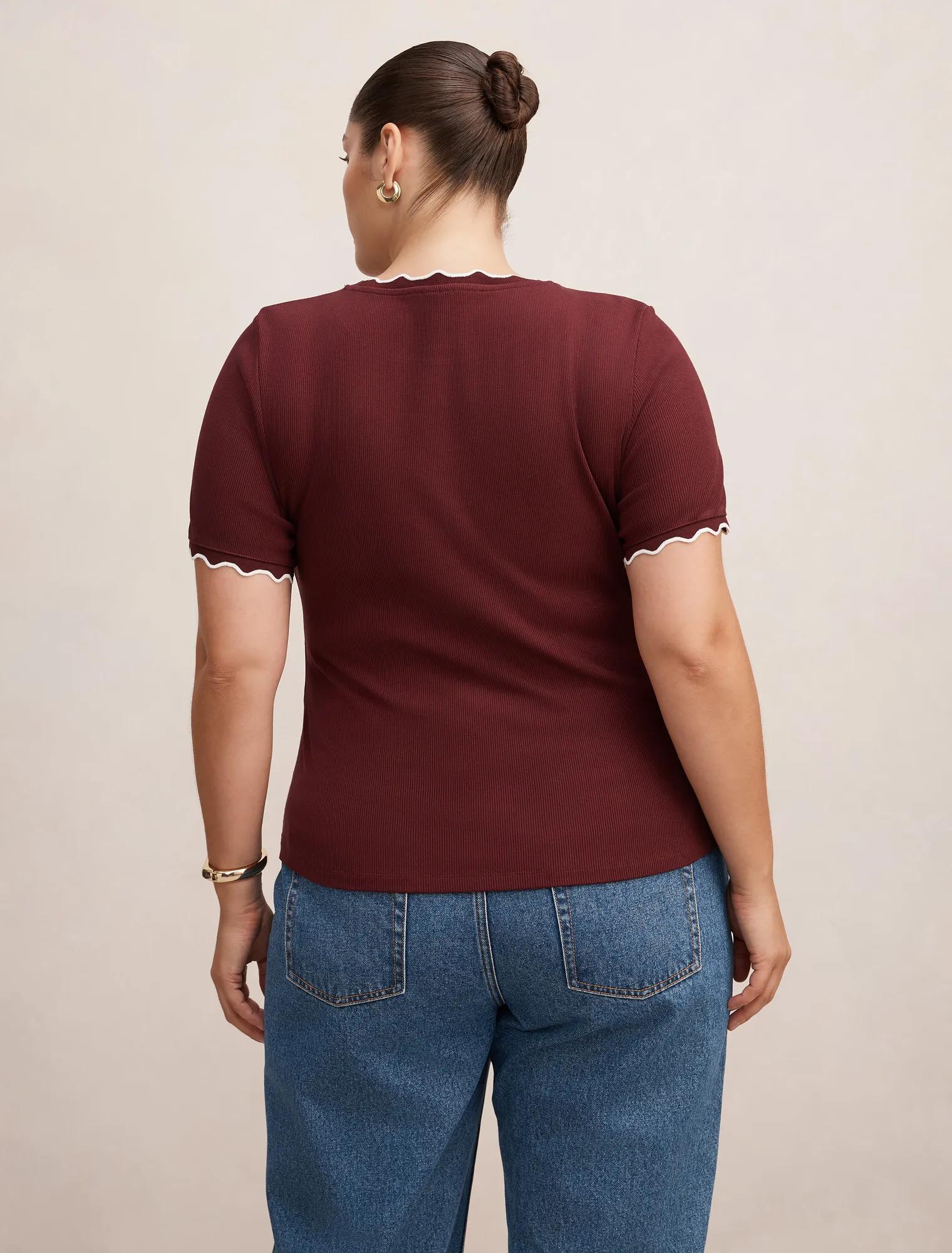 Rebecca Curve Scallop Trim Tee Deep Maroon/ Porcelain