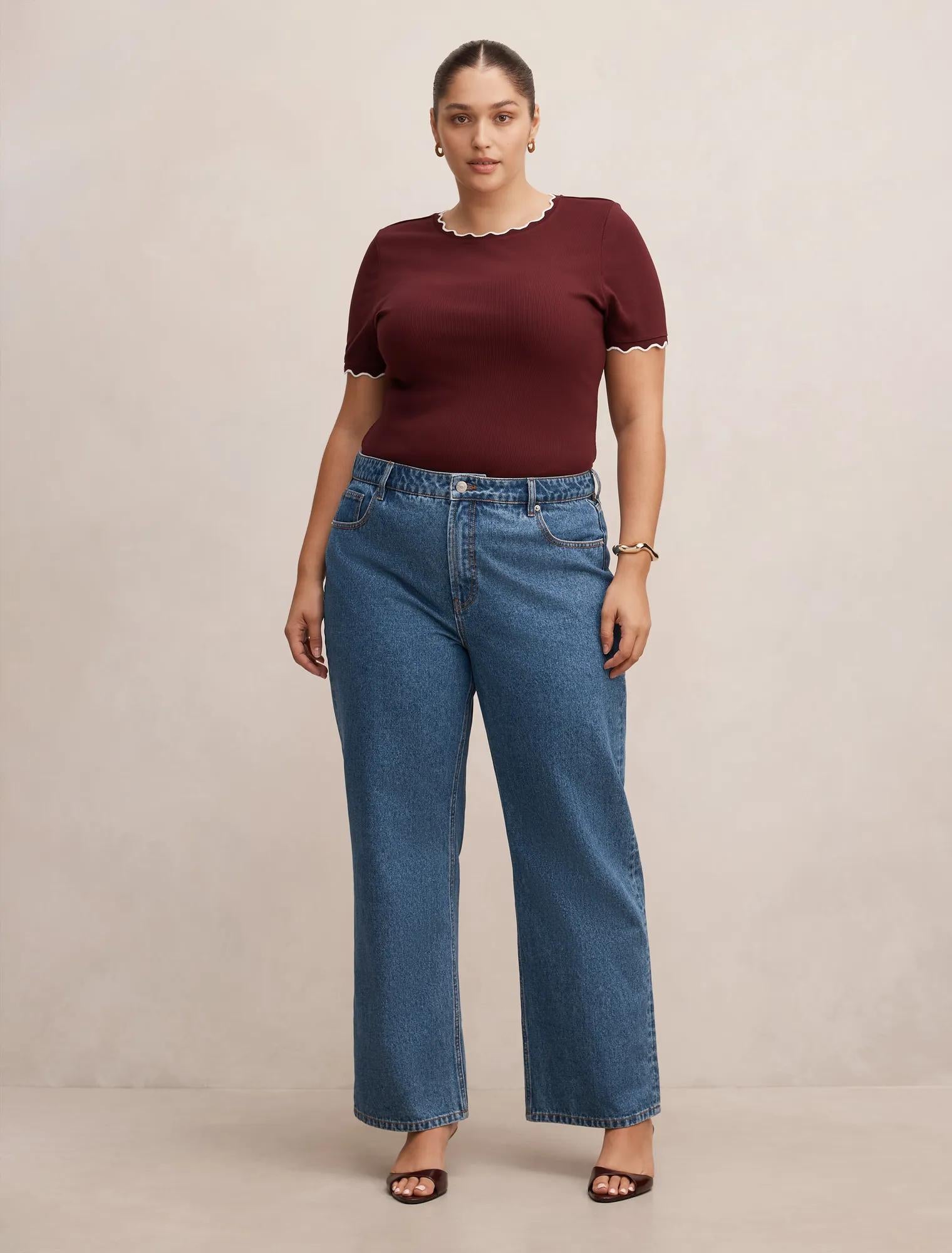 Rebecca Curve Scallop Trim Tee Deep Maroon/ Porcelain