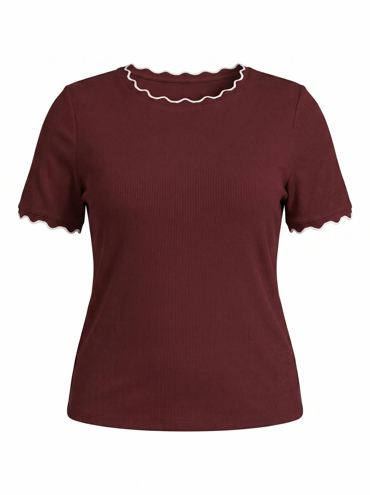 Rebecca Curve Scallop Trim Tee Deep Maroon/ Porcelain_mannequin