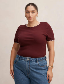 Rebecca Curve Scallop Trim Tee Deep Maroon/ Porcelain