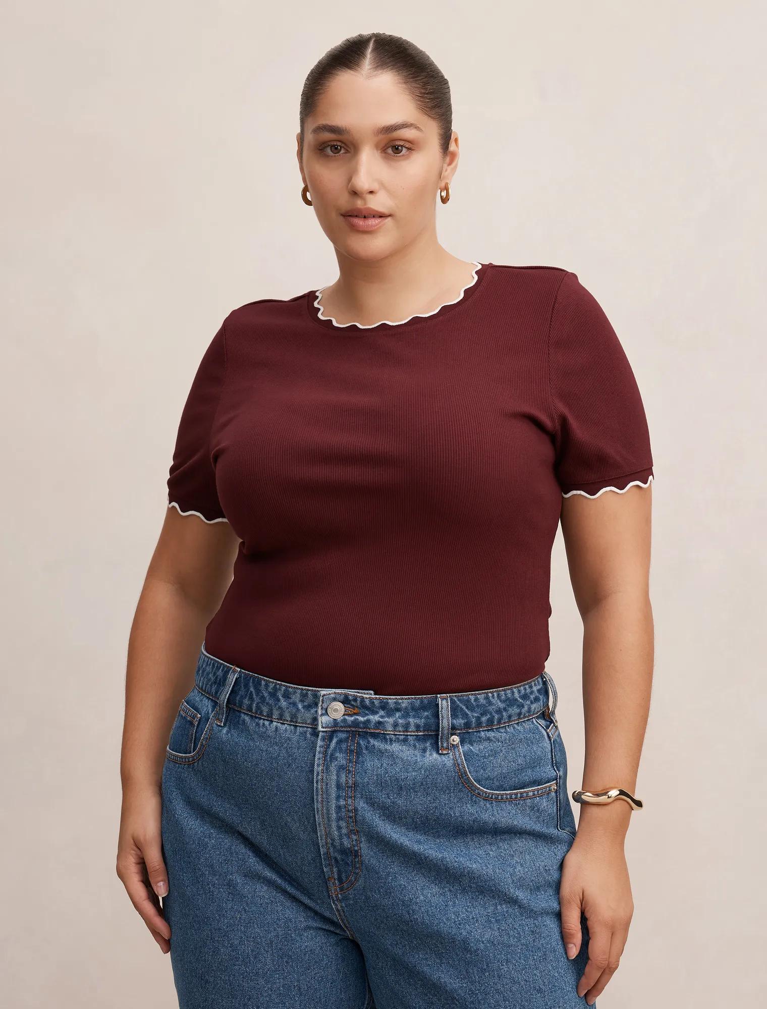 Rebecca Curve Scallop Trim Tee Deep Maroon/ Porcelain