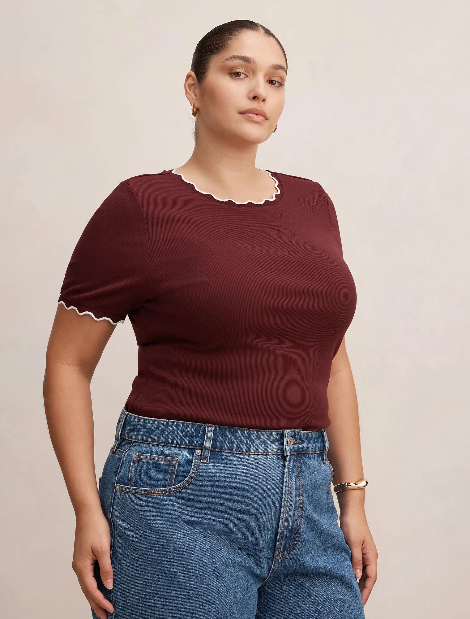 Rebecca Curve Scallop Trim Tee Deep Maroon/ Porcelain