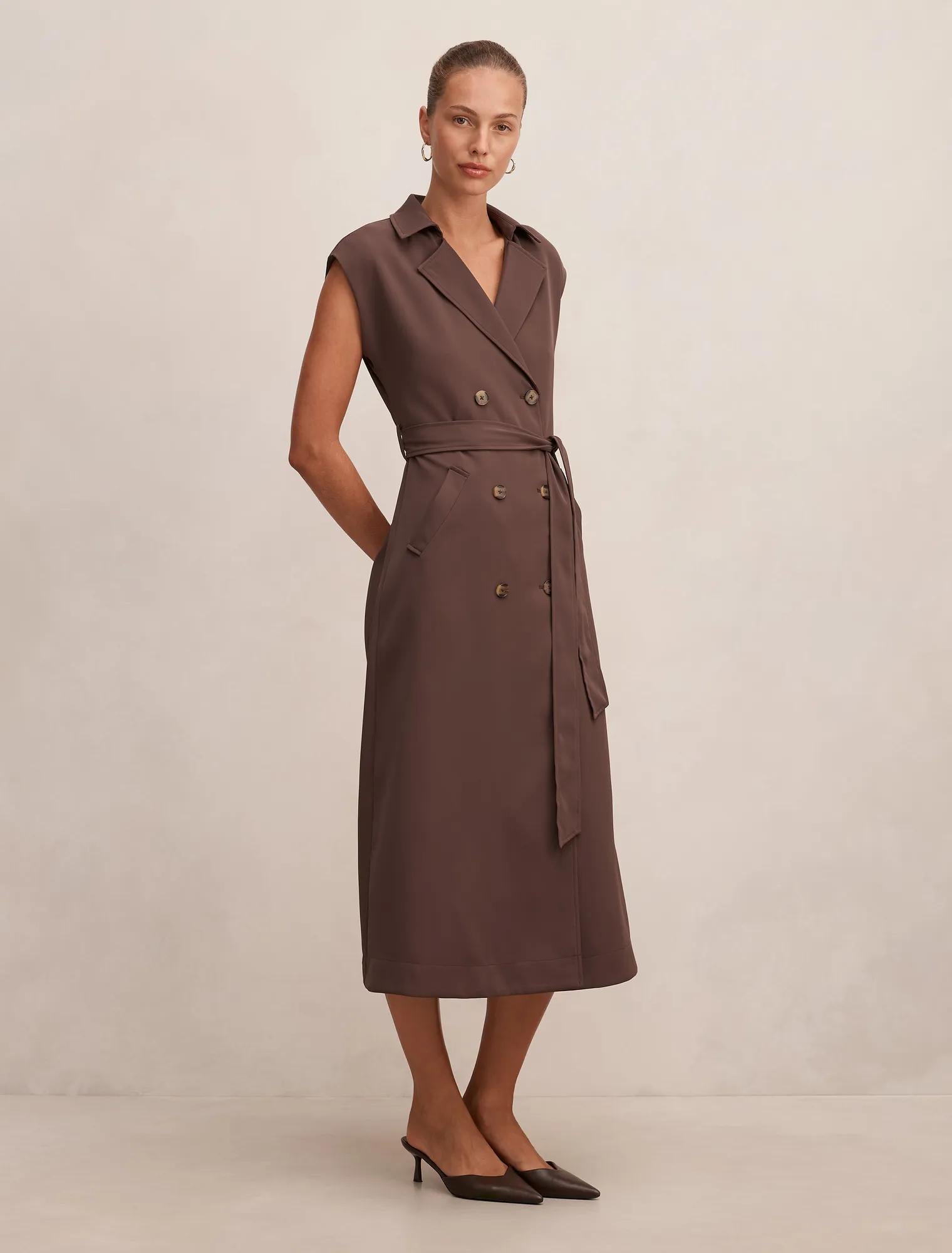 Elsa Sleeveless Trench Midi Dress Chocolate