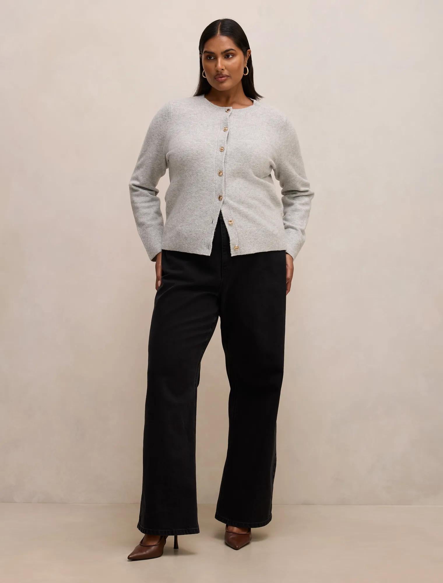 May Curve Crew Neck Cardigan Soft Grey