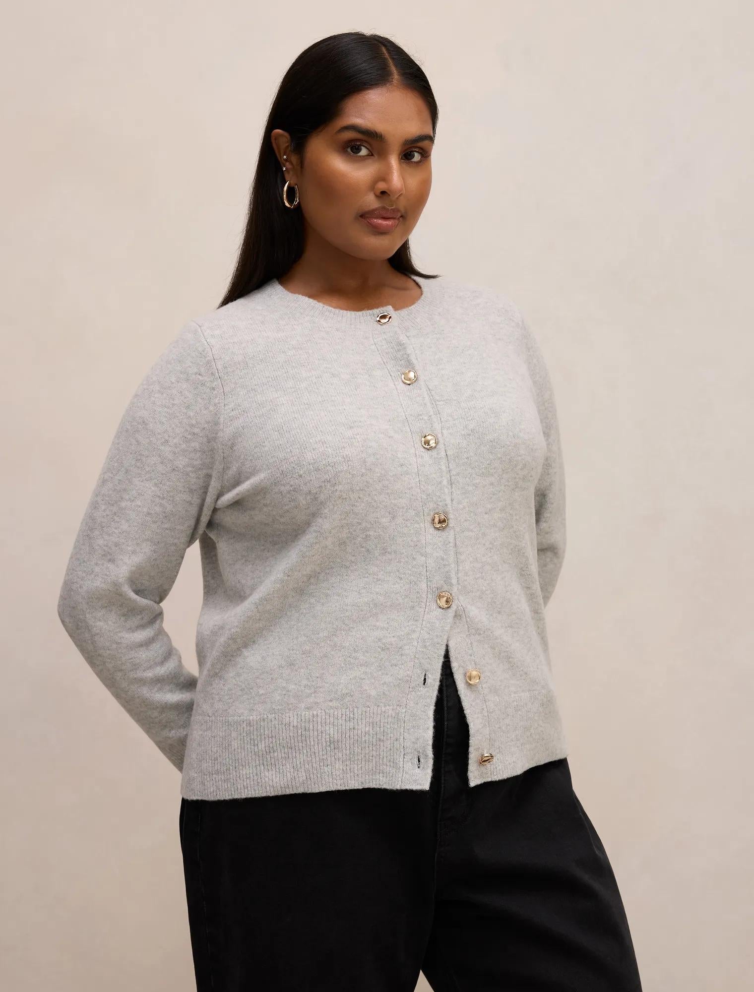 May Curve Crew Neck Cardigan Soft Grey