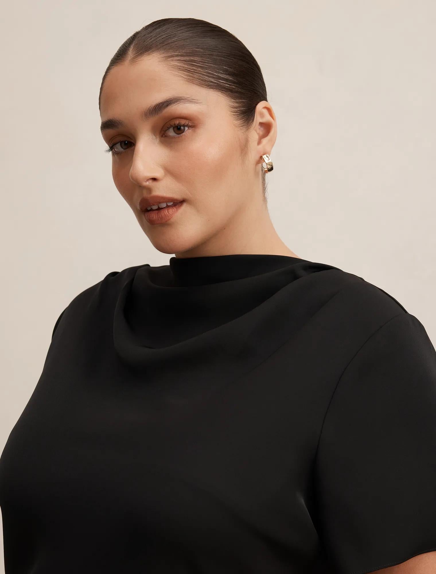 Jolie Curve High Neck Satin Top Black
