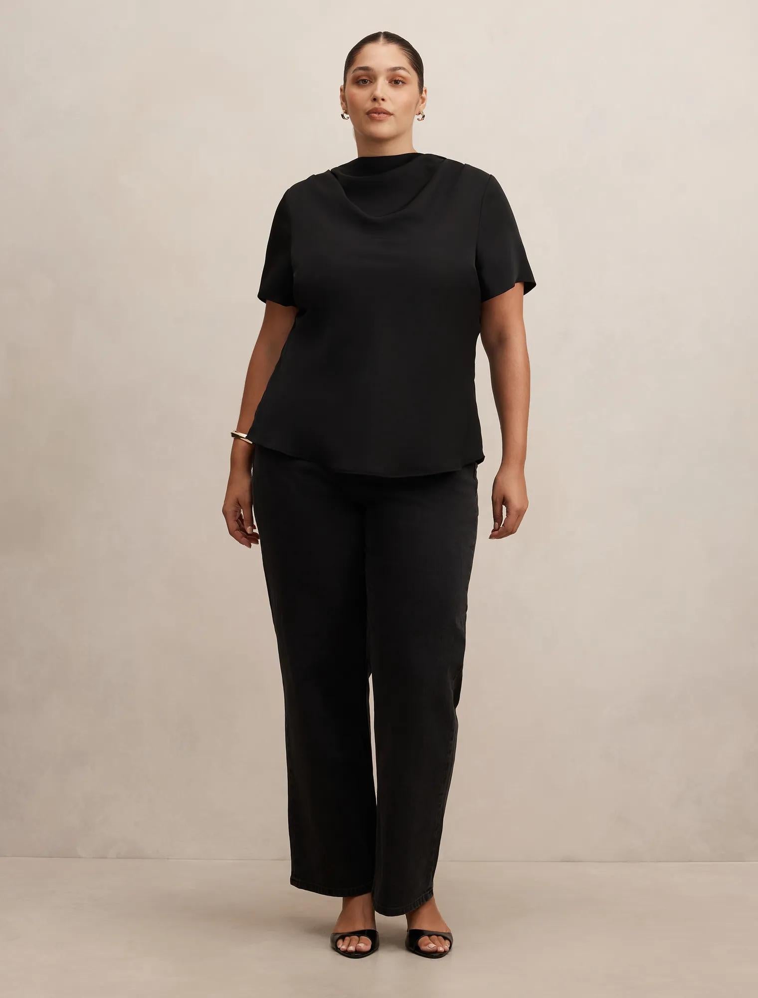 Jolie Curve High Neck Satin Top Black