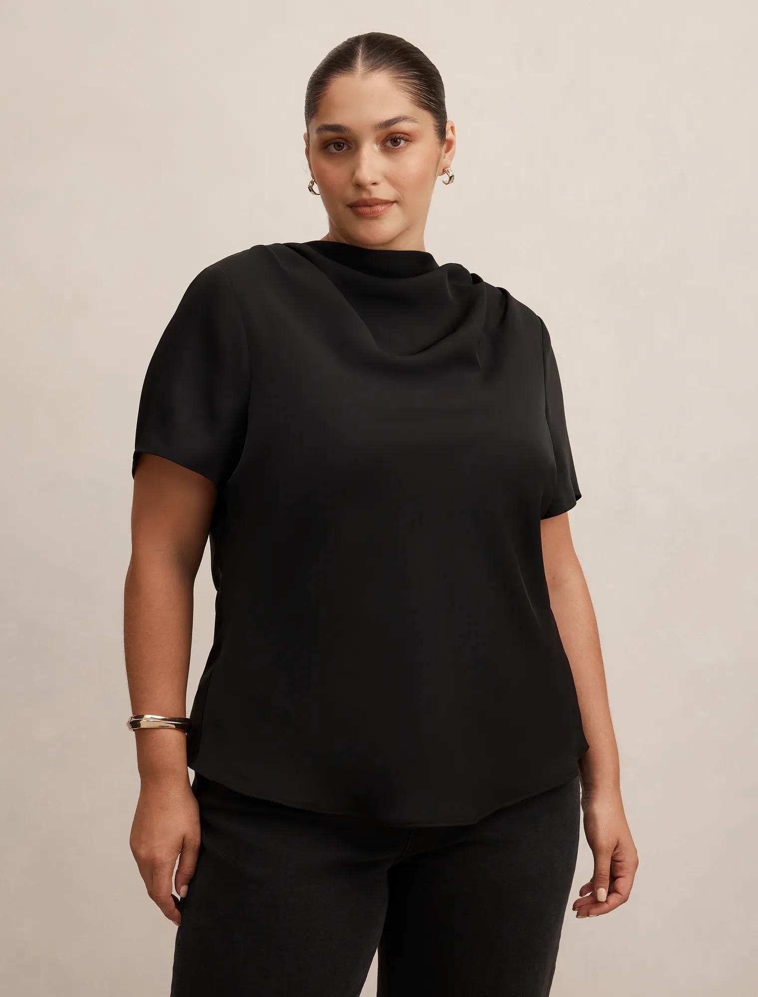 Jolie Curve High Neck Satin Top Black