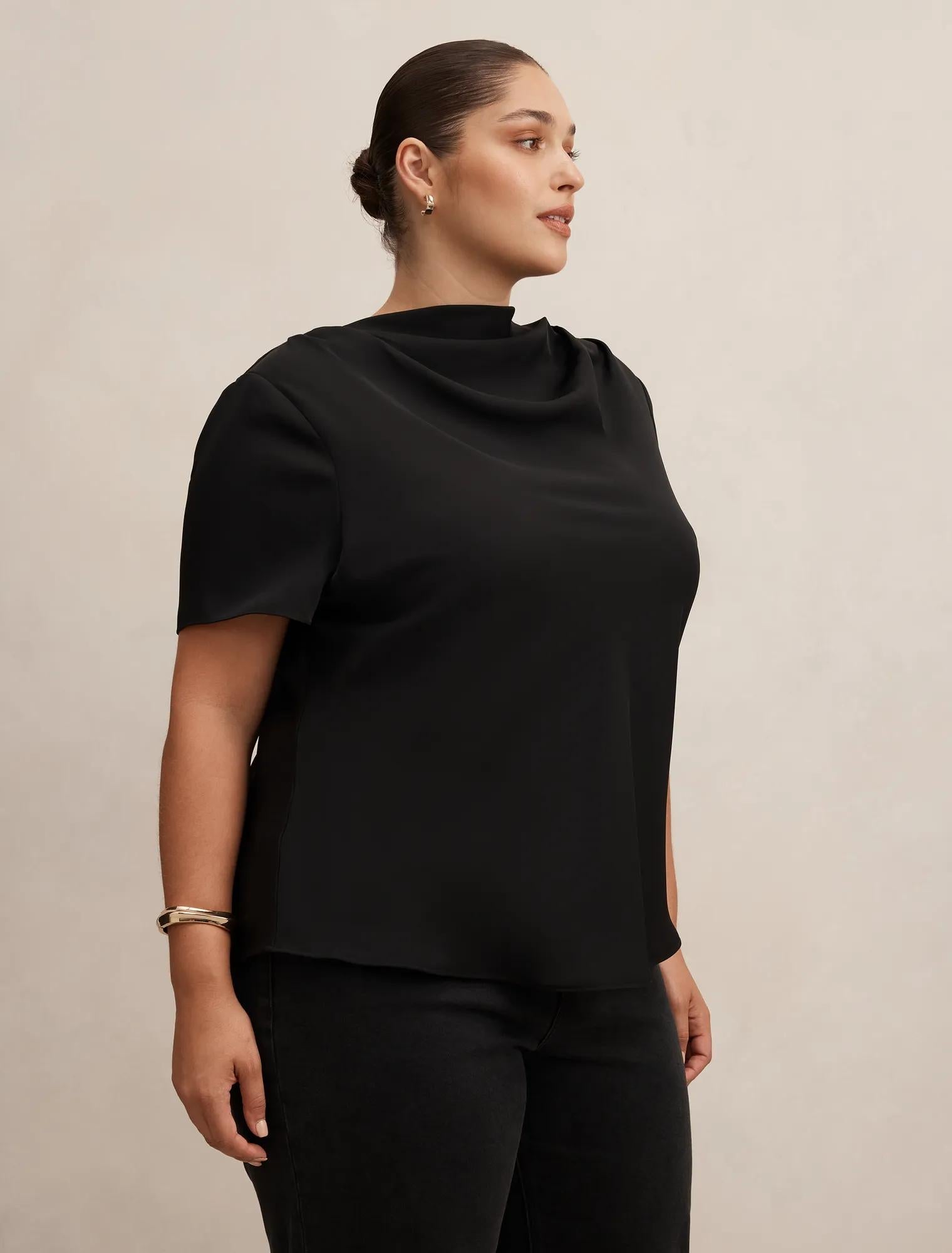 Jolie Curve High Neck Satin Top Black