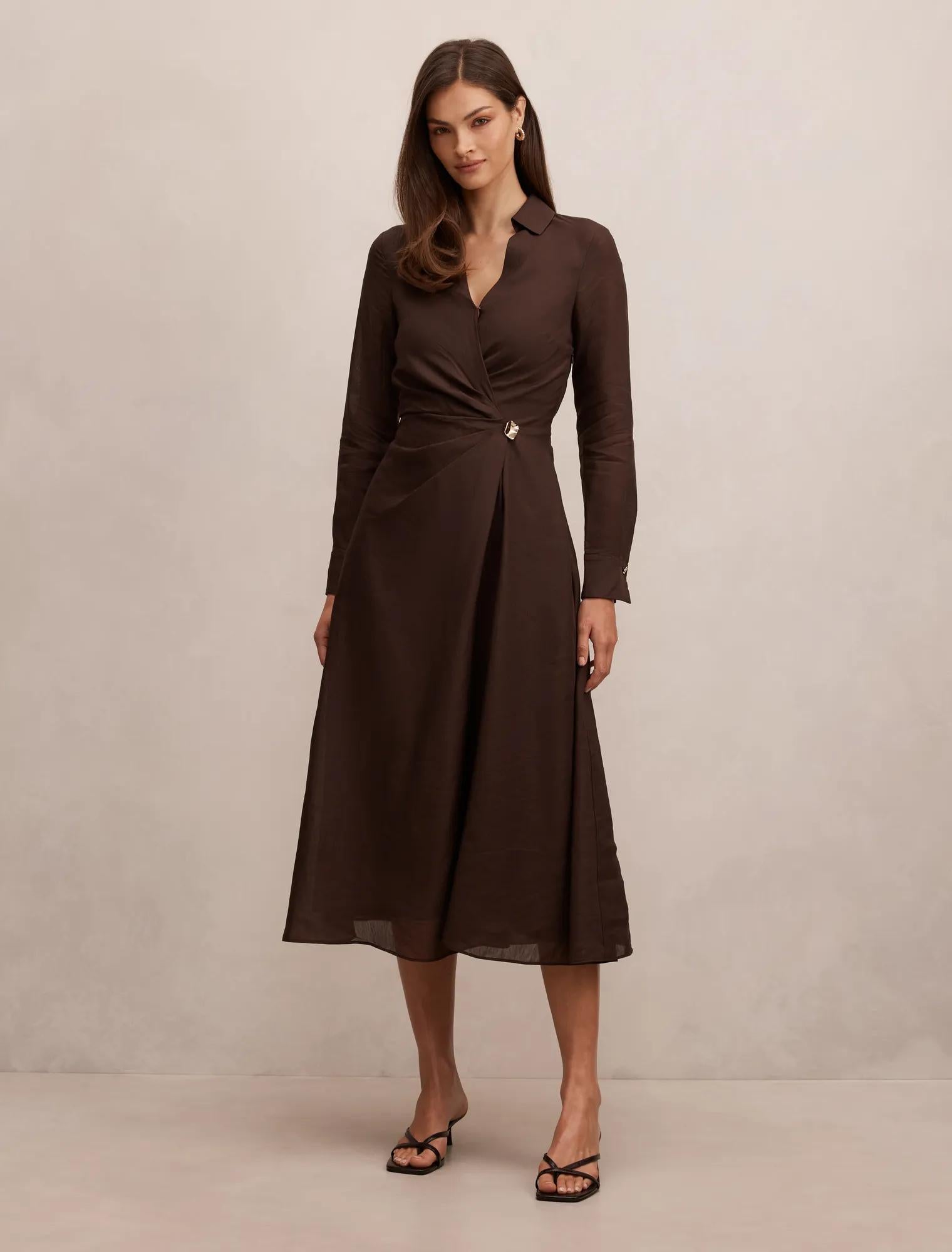 Francesca Linen Shirt Midi Dress Chocolate
