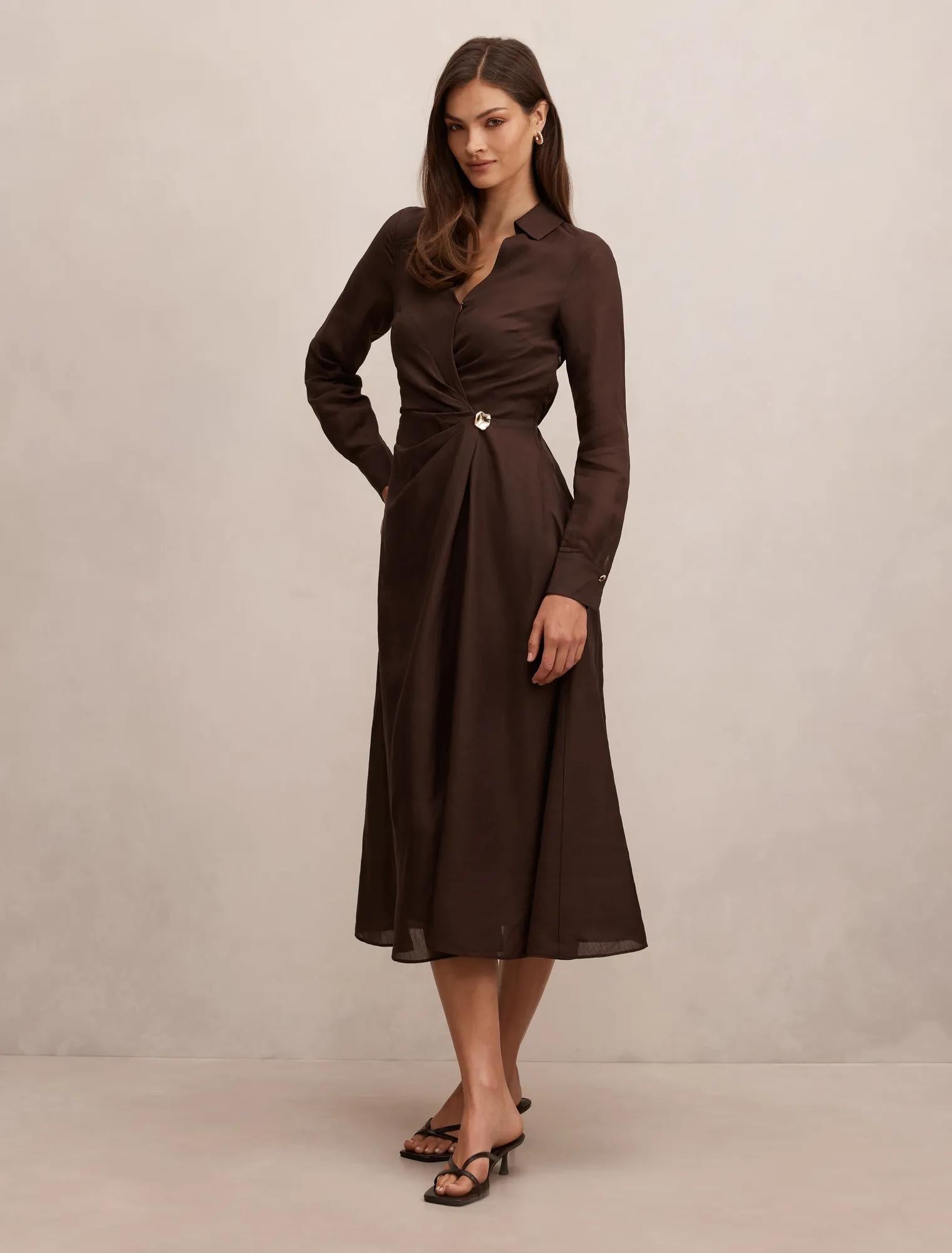 Francesca Linen Shirt Midi Dress Chocolate