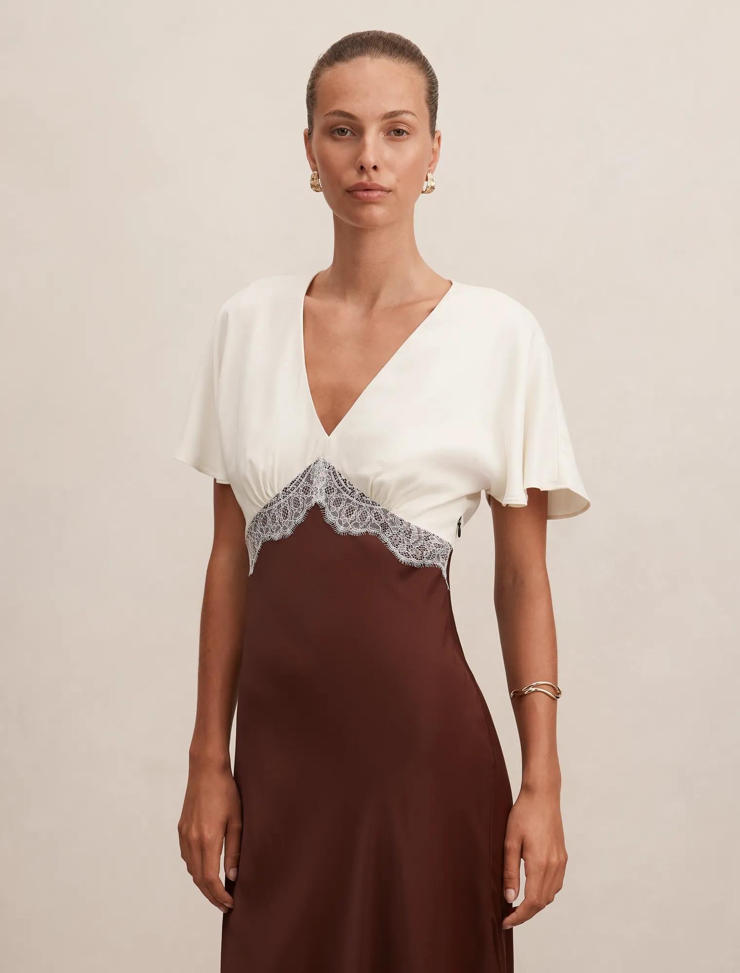 Julia Flutter Sleeve Satin Lace Midi Dress Cream / Chocolate