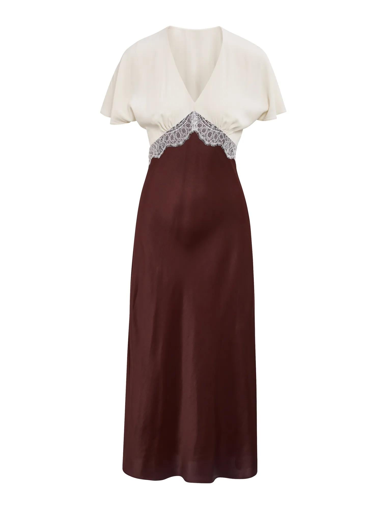Julia Flutter Sleeve Satin Lace Midi Dress Cream / Chocolate
