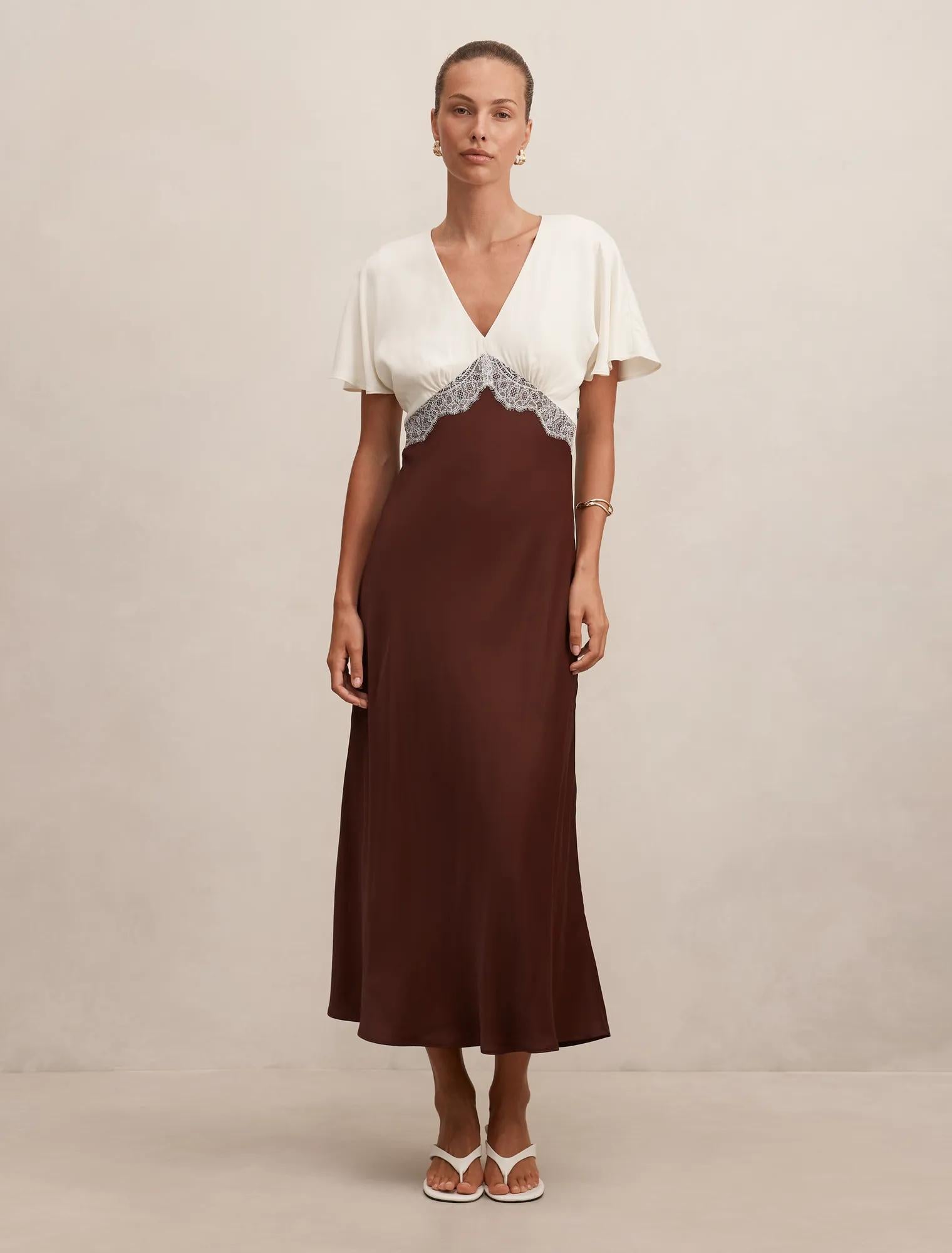 Julia Flutter Sleeve Satin Lace Midi Dress Cream / Chocolate