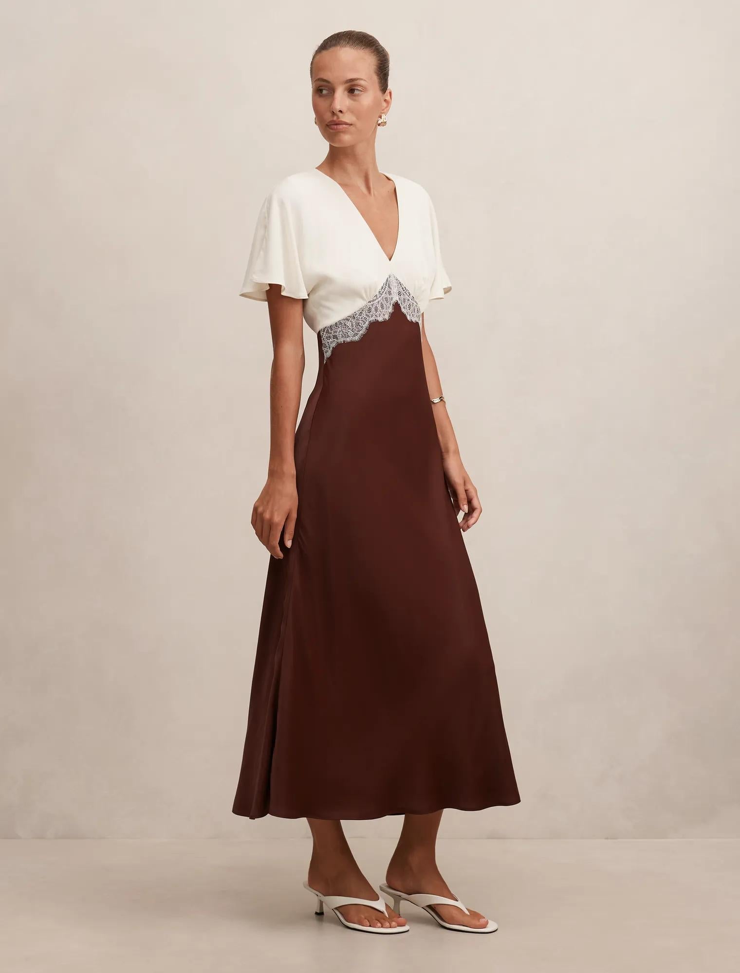Julia Flutter Sleeve Satin Lace Midi Dress Cream / Chocolate