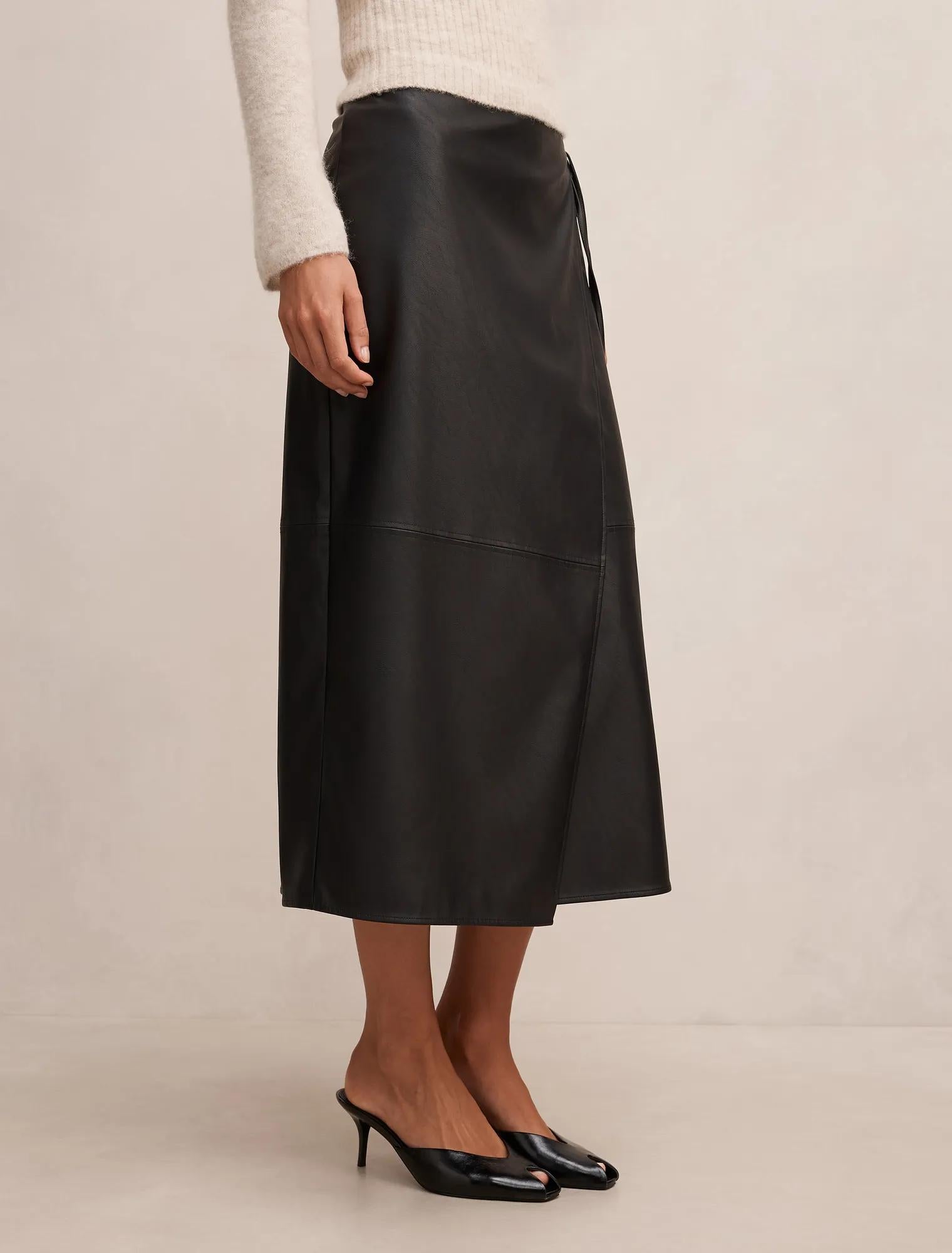 Steph Vegan Leather Wrap Skirt Black