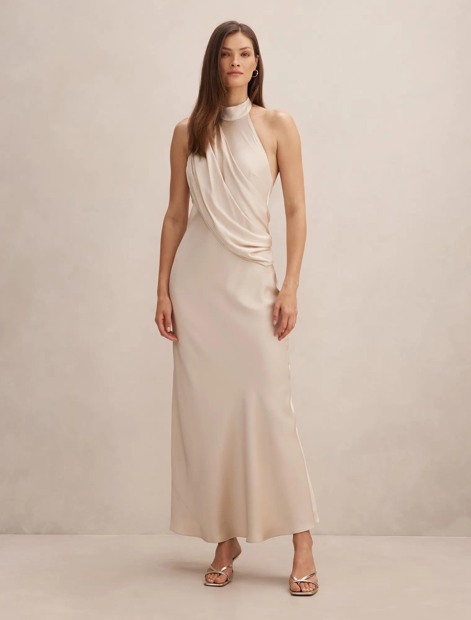 Diane Halter Drape Maxi Dress Champagne